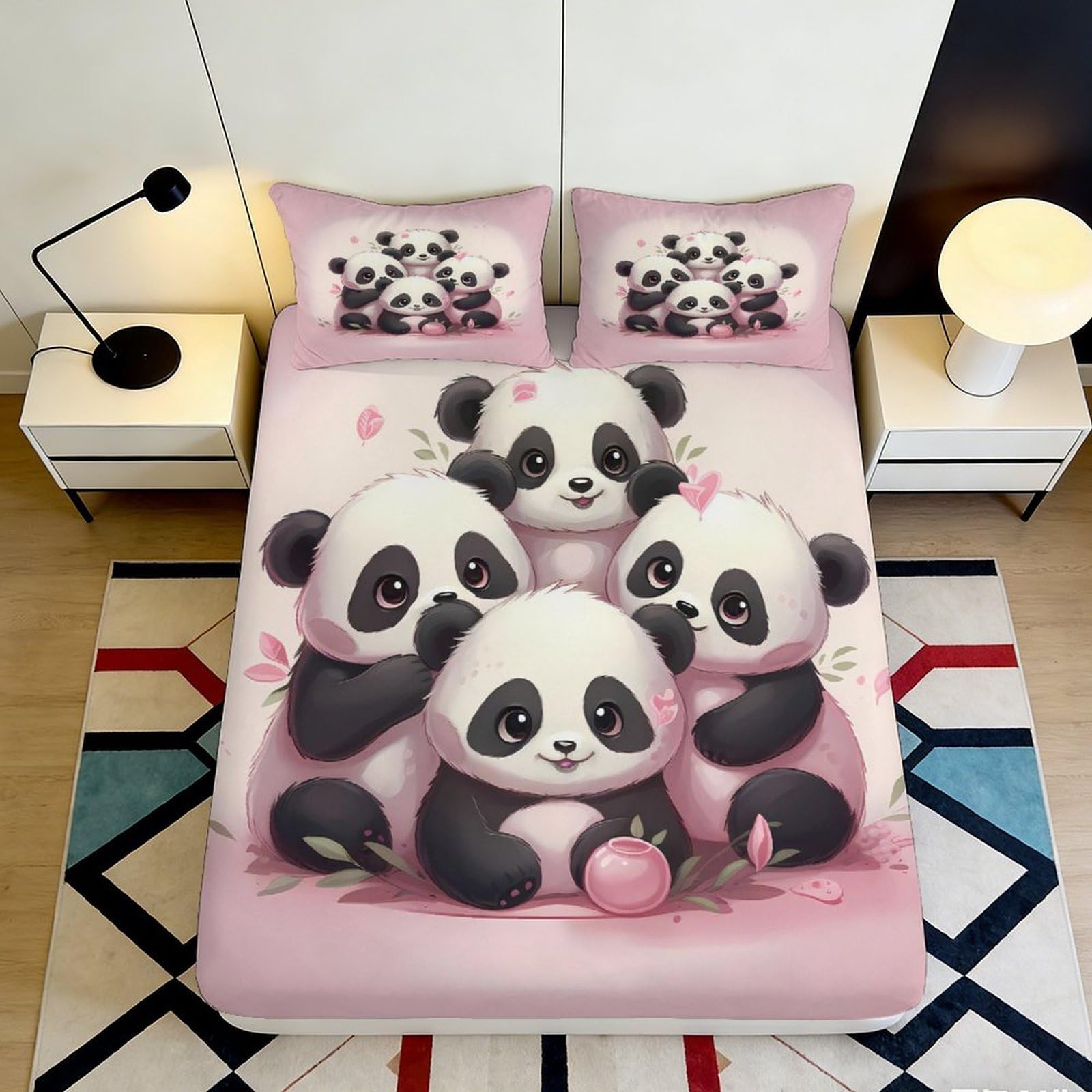 3D Printed Cute Panda Fitted Sheet Microfiber Pink Cartoon Animal Mattress Cover for Bedroom Dorm Decor Protection 90x200x25cm
