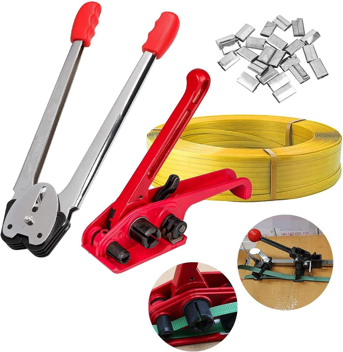 Heavy Duty Manual 4 in 1 PET/PP Manual Strapping Tools for 1/2-3/4" Belt | Packing Machine Set Tensioner & Sealer 3200" Packing Belt, 50pcs pallet strapping clips,strapping banding kit