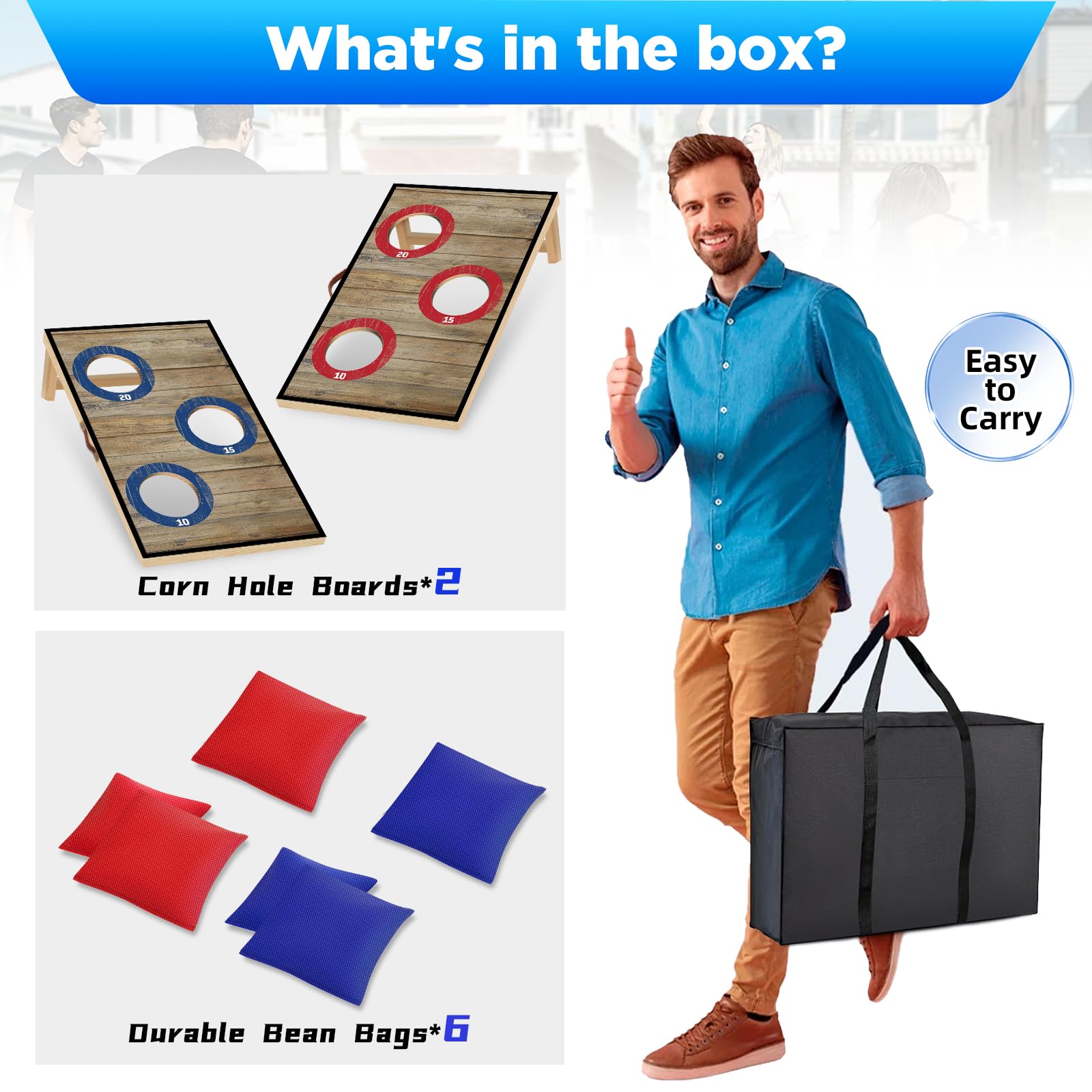 NZQXJXZ Juego de Cornhole, 60 x 35 cm Tableros de Madera Maciza Premium | con Agujeros de maíz con 6 Bolsas de Frijoles y una Bolsa de Transporte, Juego de Lanzamiento de maíz para Familia y Adultos