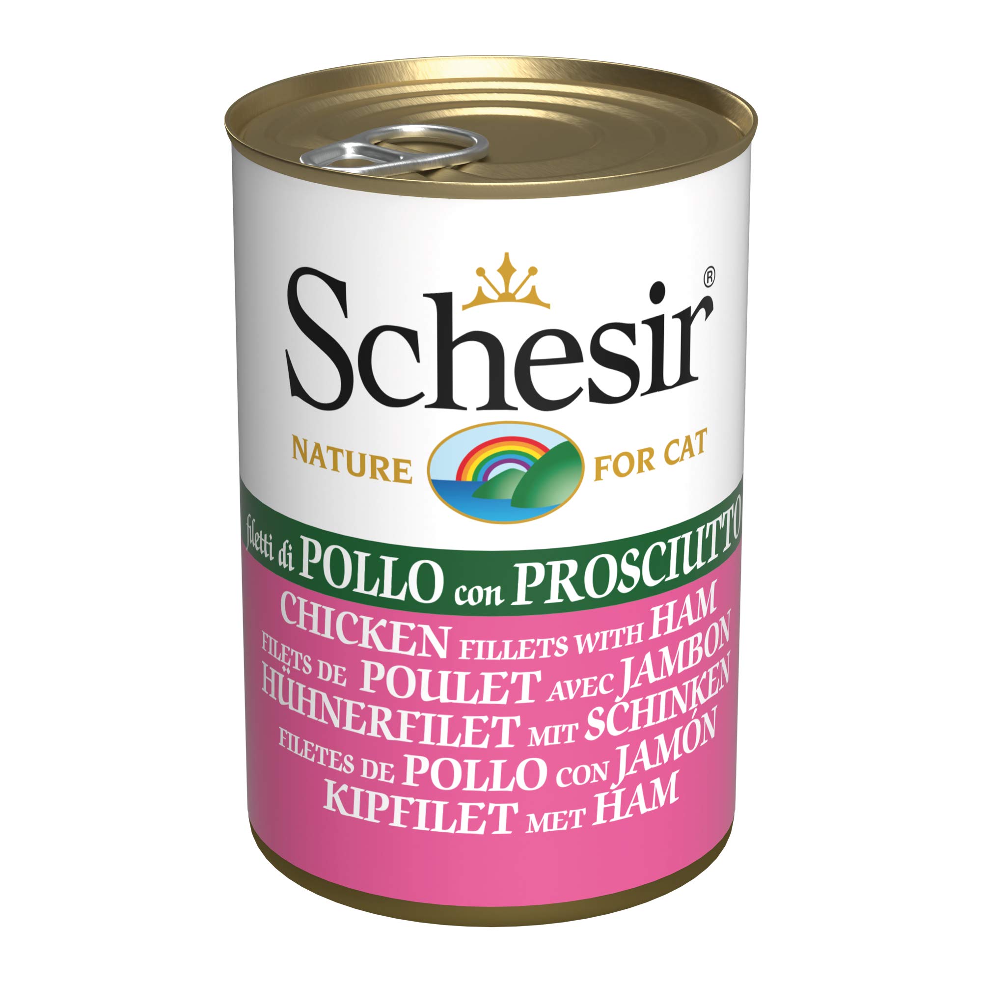 Schesir, Comida húmeda para Gatos Adultos, Sabor filetes de Pollo con jamón en gelatina Blanda - Total 3,36 kg (24 latas x 140 gr)