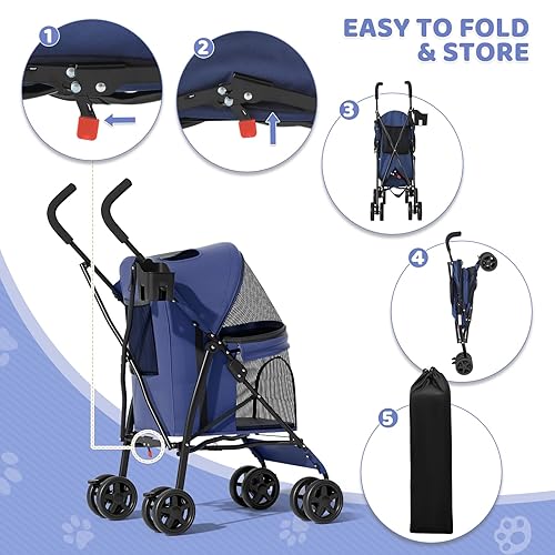 Miniatura 6 de Magshion Cochecito compacto para mascotas para perros y gatos medianos de hasta 22 libras, 4 ruedas, ligero, con forma de paraguas, portátil, con