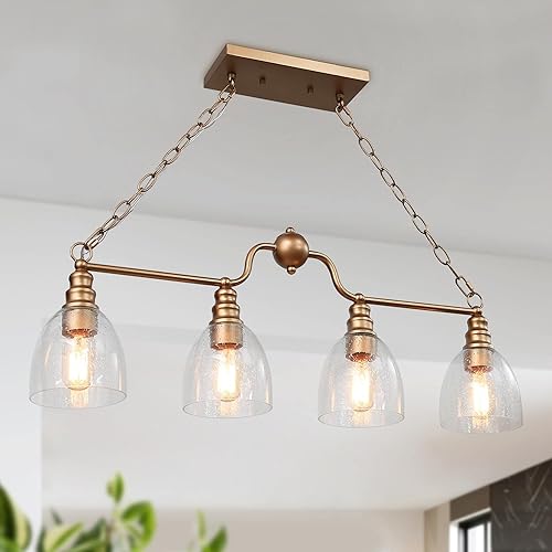 LOG BARN Candelabros dorados, moderna lámpara de isla de cocina de vidrio sembrado dorado para comedor, lámpara de araña de 4 luces para sala de
