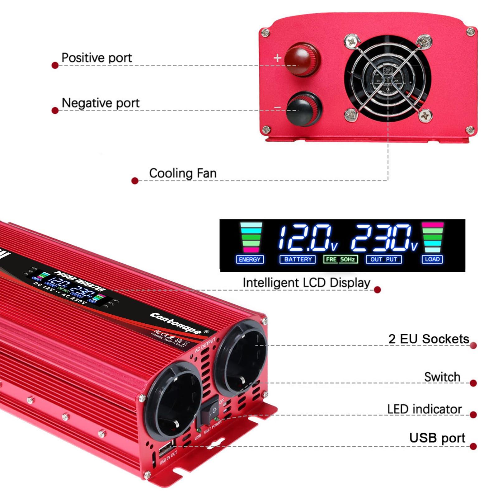 Convertidor de Voltaje 1500W 12V a 220V/230V Onda sinusoidal modificada Inversor de Corriente DC AC Power Inverter Transformador de Voltaje para Coche Camion