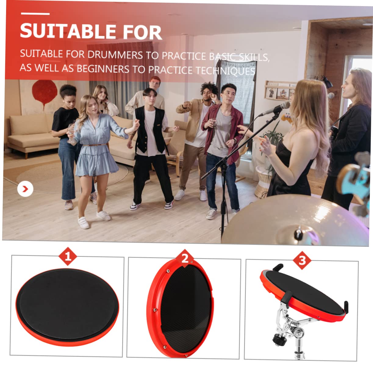 Pad Silencioso de Batería de 10 Pulgadas en Fibra de Carbono y Abs, Rojo, para Principiantes, Práctica de Batería en Casa | Abs Plástico, Metrónomo Integrado, para Principiantes, Uso de Práctica y Entrenamiento Básico