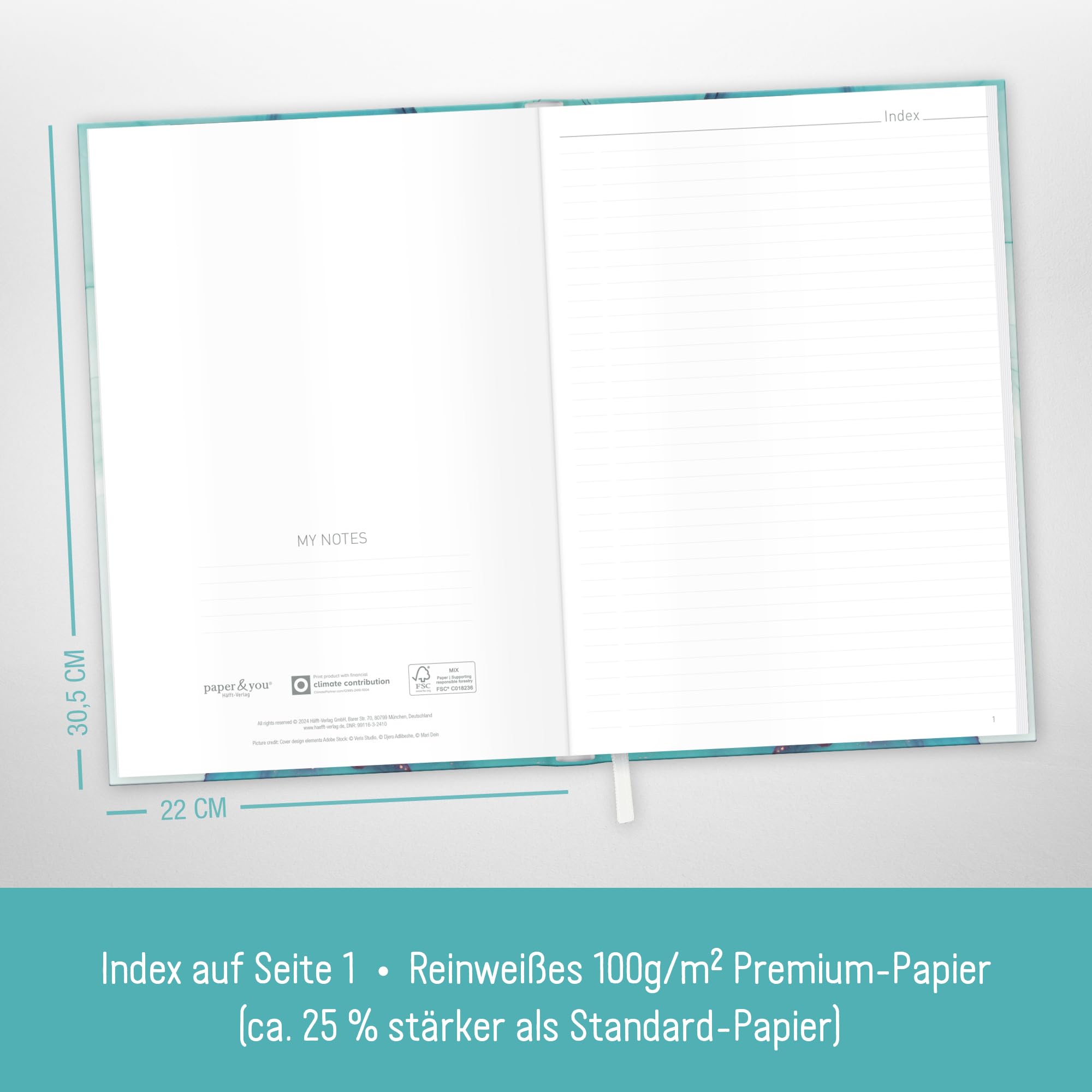 paper&you notebook lined A4+ with elastic band "Emerald Gold" 156 pages, 78 sheets - lined notebook, journal, sketchbook, diary - sustainable & climate-friendly - Image 3