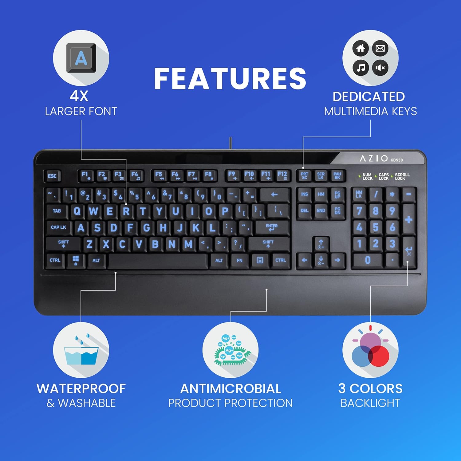 Best Quality 🔥 Azio Large Print Waterproof USB Keyboard - Wired 3-Color LED Backlit and Washable with Silver Antimicrobial Protection | Keyboards for Windows PC Version, Led Black/Blue Purple Red (KB530)