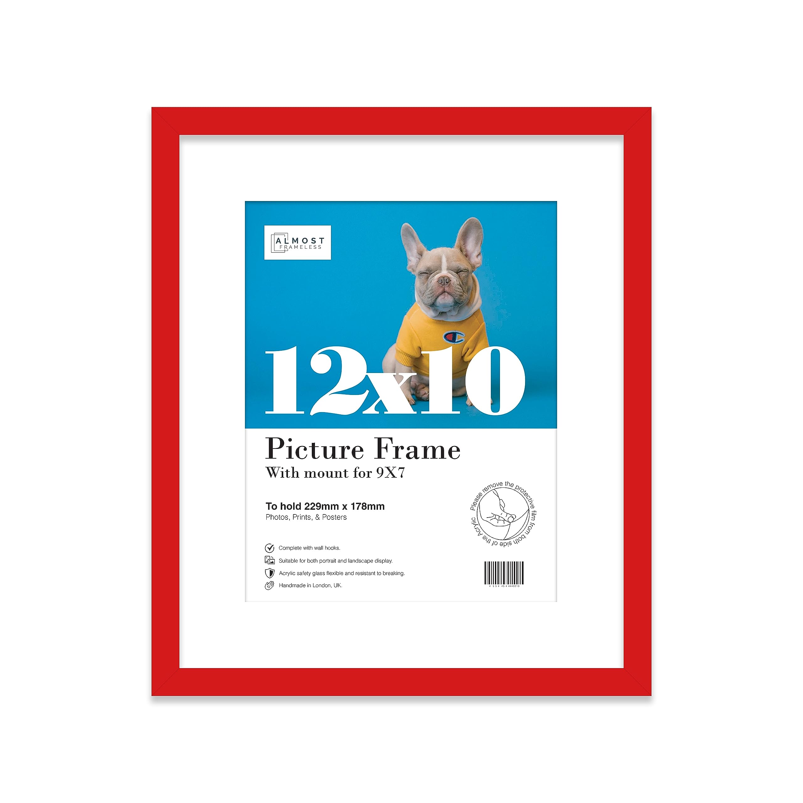 Almost Frameless 12x10 Red Picture Frame With Mount for 9x7 Print, Poster or Photo Poster, Photo, Artwork, or Print. Thin Edge Slim Frame Portrait and Landscape Display with Wall Hooks