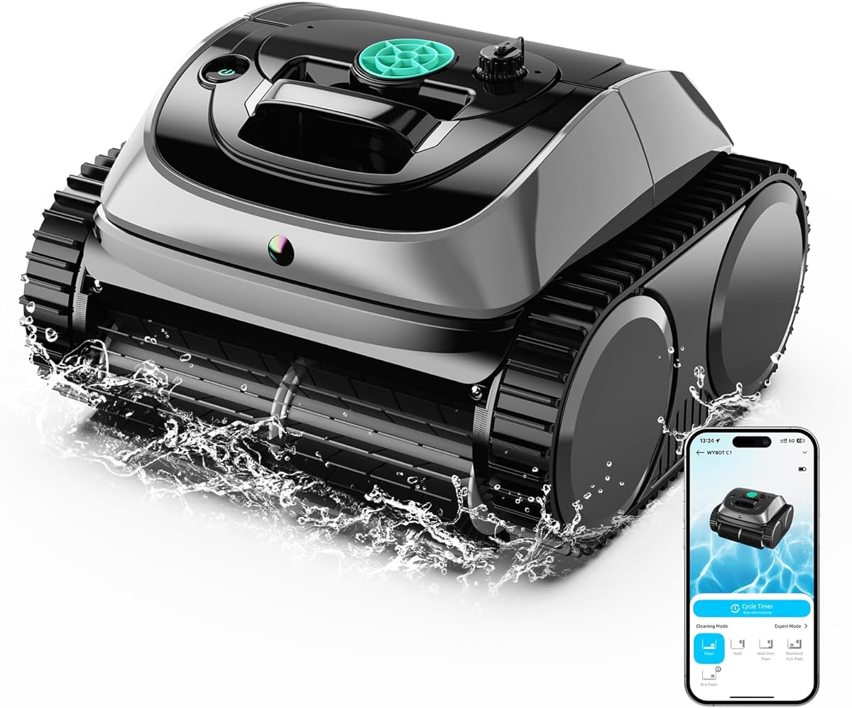 WYBOT Pool Vacuum for Inground Pools, 4-in-1 Cordless Robotic Pool Cleaner for Above Ground Pools, Triple-Motor up to 1,614 Sq.ft, Wall & Waterline Cleaning, WiFi & Bluetooth (Gray Green)