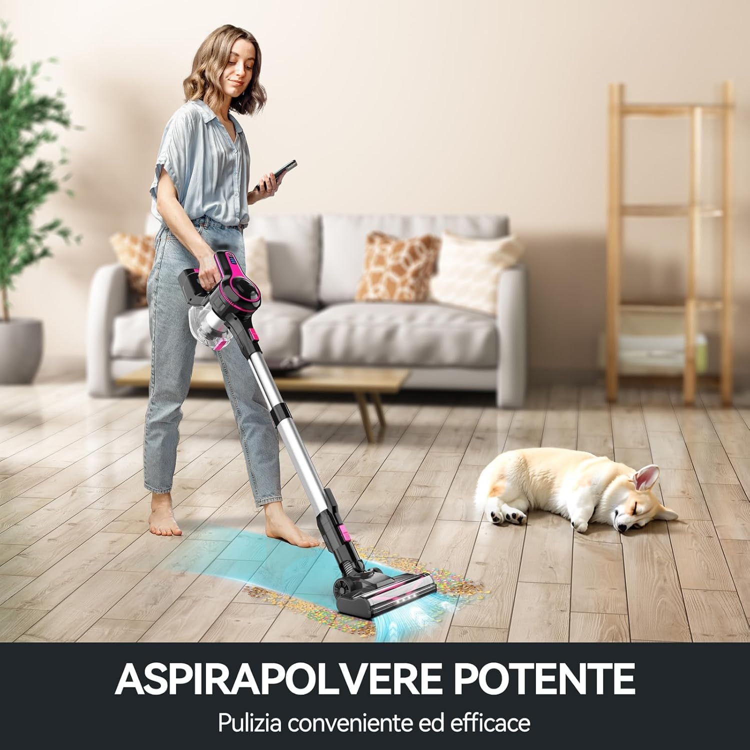 Generico Aspirapolvere Senza Fili Potente, Scopa Elettrica 45 Minuti Spazzola a LED Dust Cup Grande 1,2L, Scopa Elettrica in Piedi da Sola, per tappeti e peli di Animali