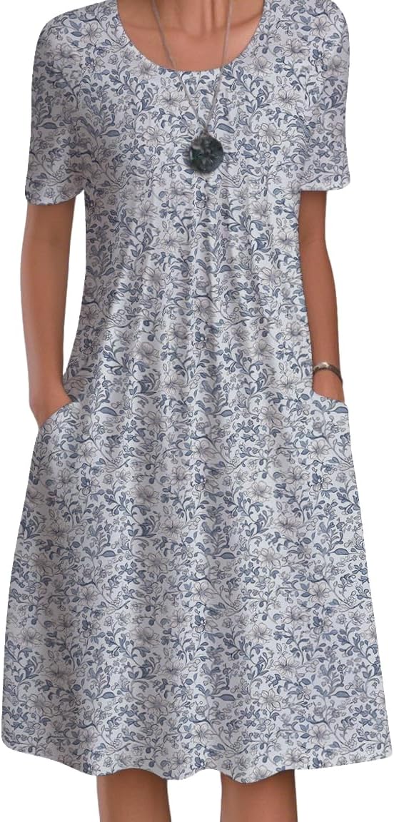Womens Floral Midi Dresses Casual Boho Short Sleeve Flowy Dress Loose Fit Crewneck Summer Vacation Dress with Pockets