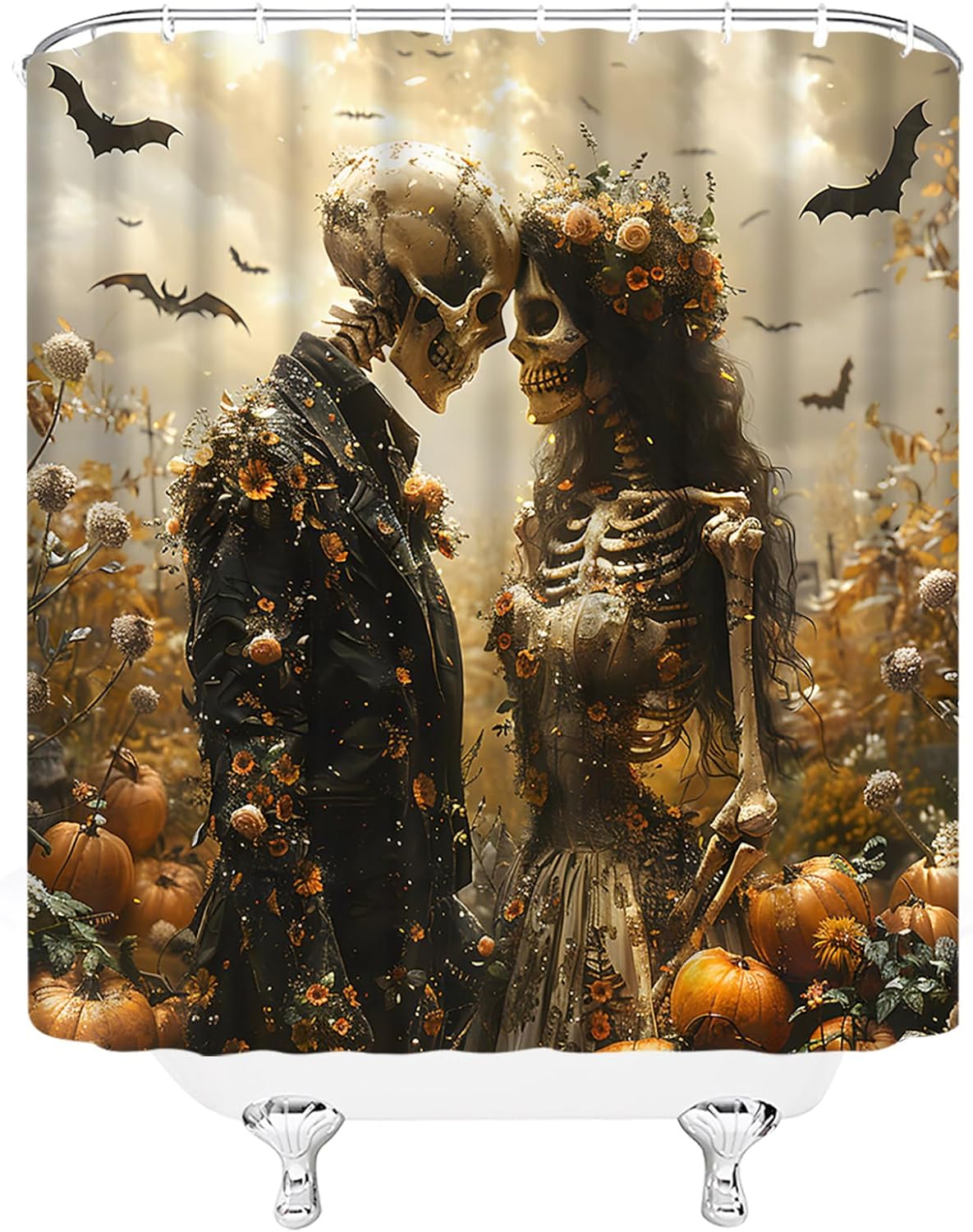 Sugar Skull Shower Curtain Gothic Romance Love Skeleton Couple Day of The Dead Floral Bat Horror Halloween Fabric Bathroom Decor Set with Hooks,(70" Wx84 H)
