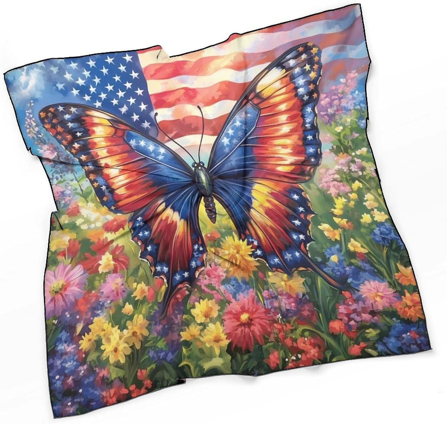 U.S Flag Butterfly Flower Bandana Fashion Head Scarf Square Silk Scarf Print Neck Hair Scarfs for Women Men Gifts