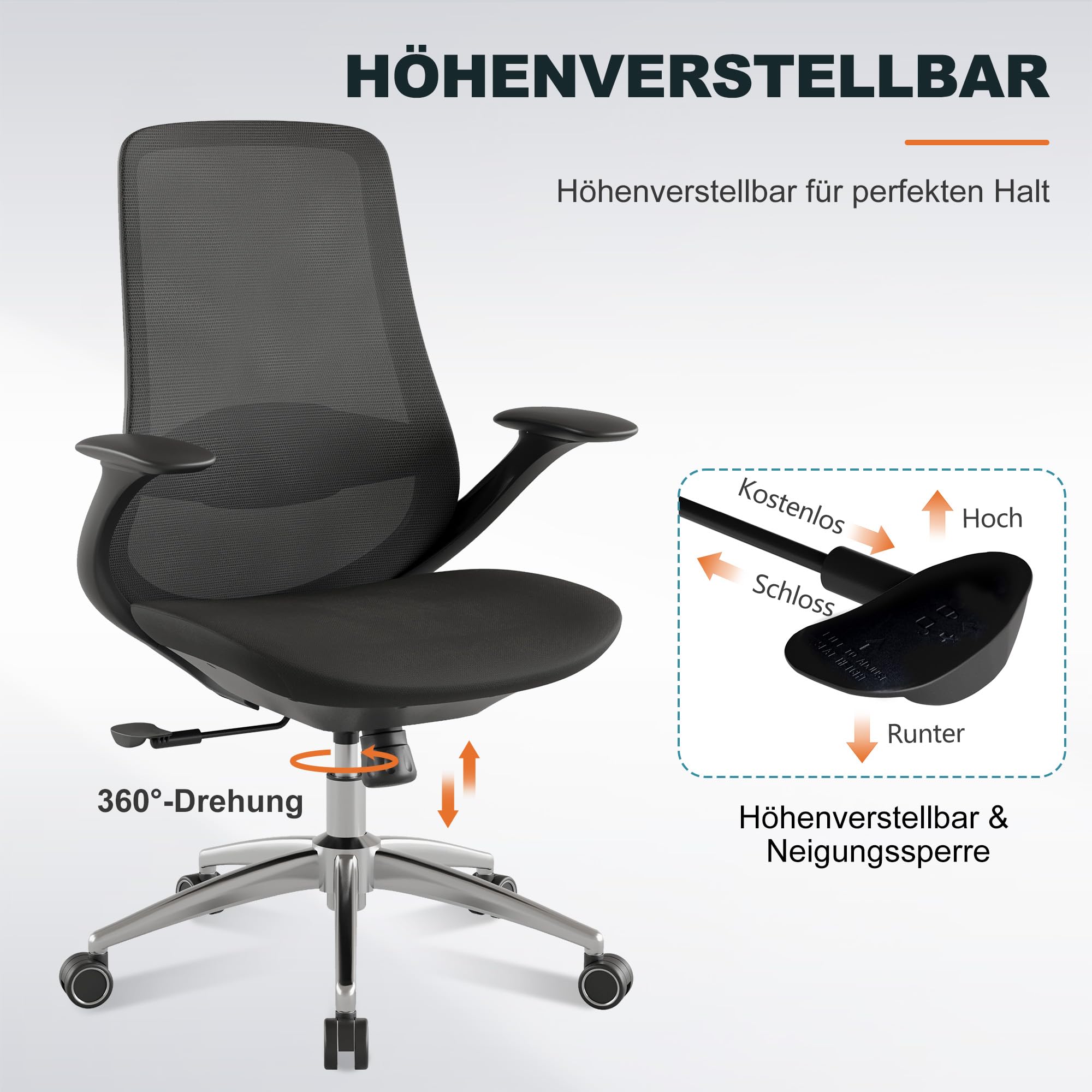 Bürostuhl Ergonomisch Schreibtischstuhl Drehstuhl Verstellbarer Armlehnen Lendenstütze gasdruckfeder bürostuhl liegefunktion 68.5cm Große Sitzfläche für Büro Home Office Chair Arbeitszimmer