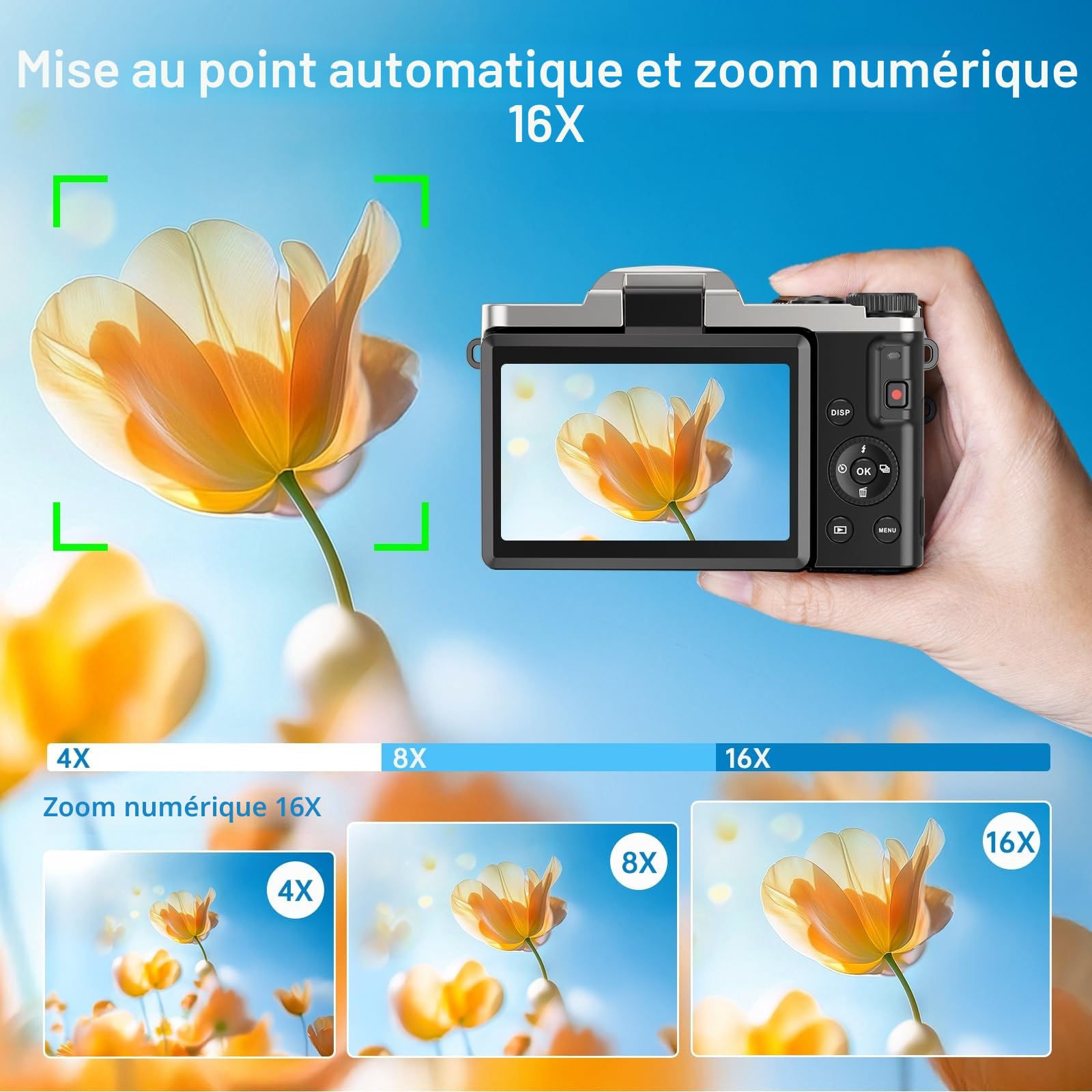 Appareil Photo Numérique avec WiFi, 4K 64MP Autofocus Camera Vlog 16X Digital Zoom à Écran Rabattable à 180° Appareils Photo Compact avec Station de Charge, 2 Batteries, Carte 32 GB pour Débutants