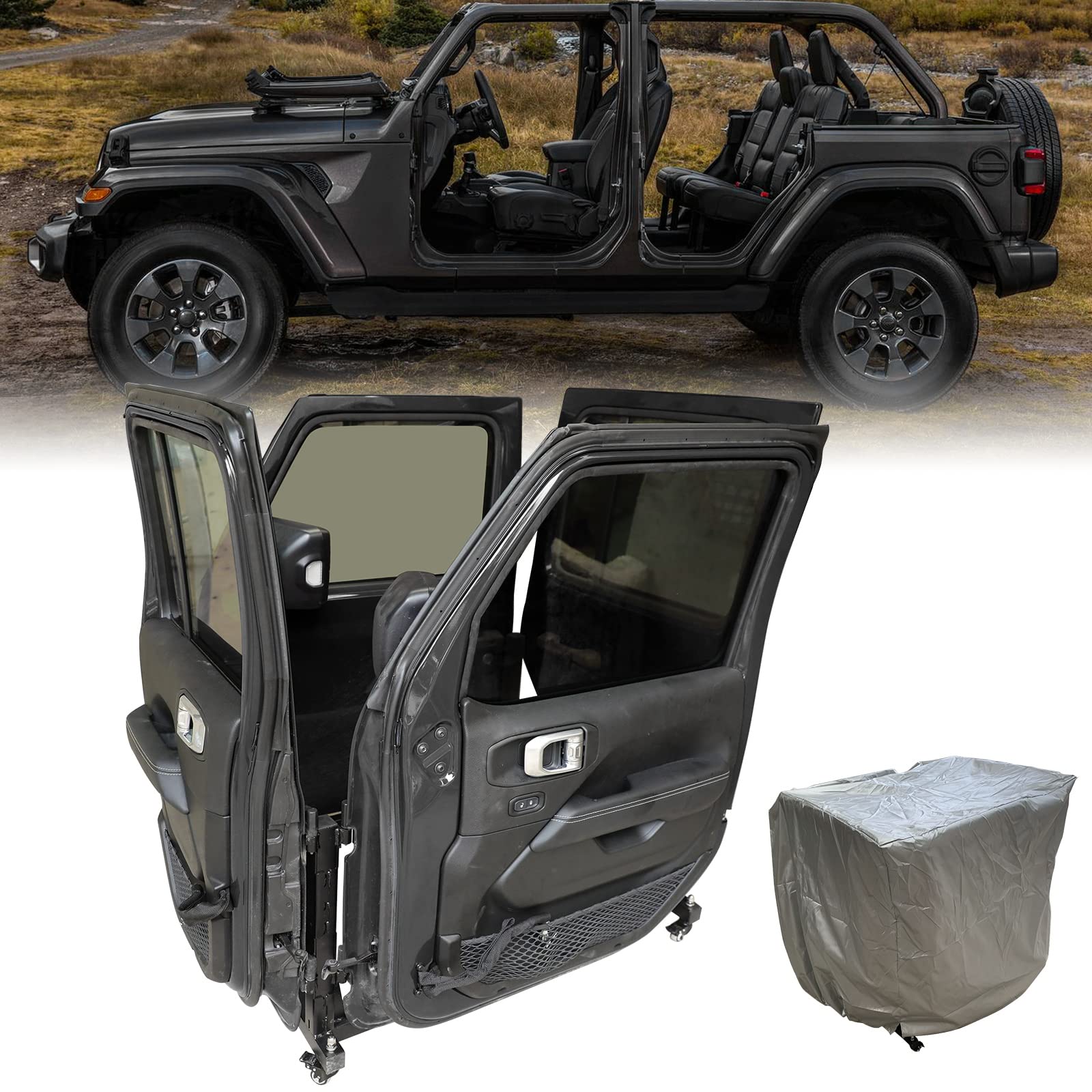 SUNPIE Sliding Door Storage Hanger Rack with Dust Cover Movable Car Door Holder Cart Compatible with 2007-2023 Jeep Wrangler JK JKU JL Gladiator