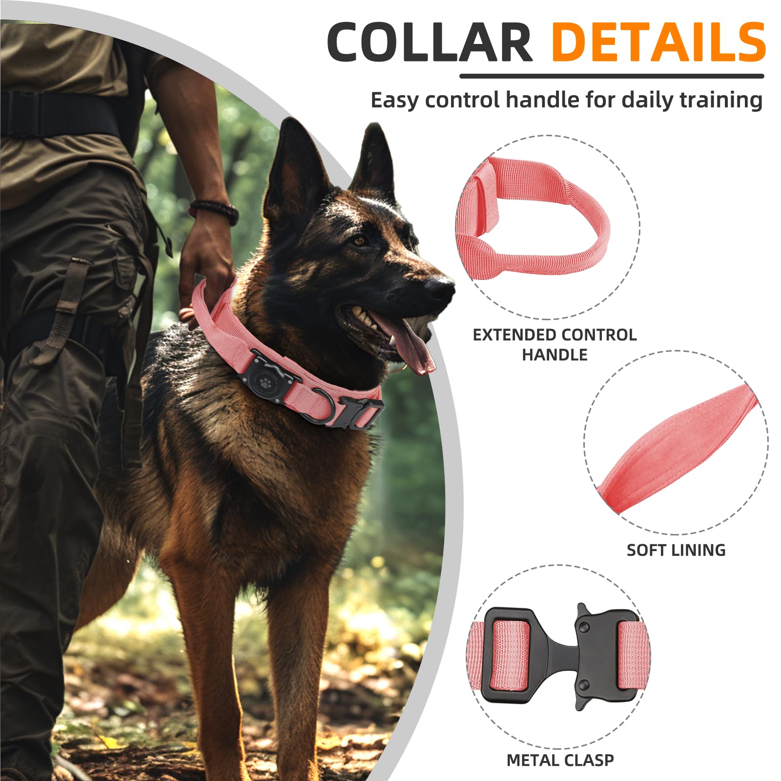 Collare per cani tattico AirTag, collare per cani con etichetta Apple Air Integrato al 100% impermeabile con supporto rigido per AirTag PC, collare militare regolabile con manico, collare GPS per cani