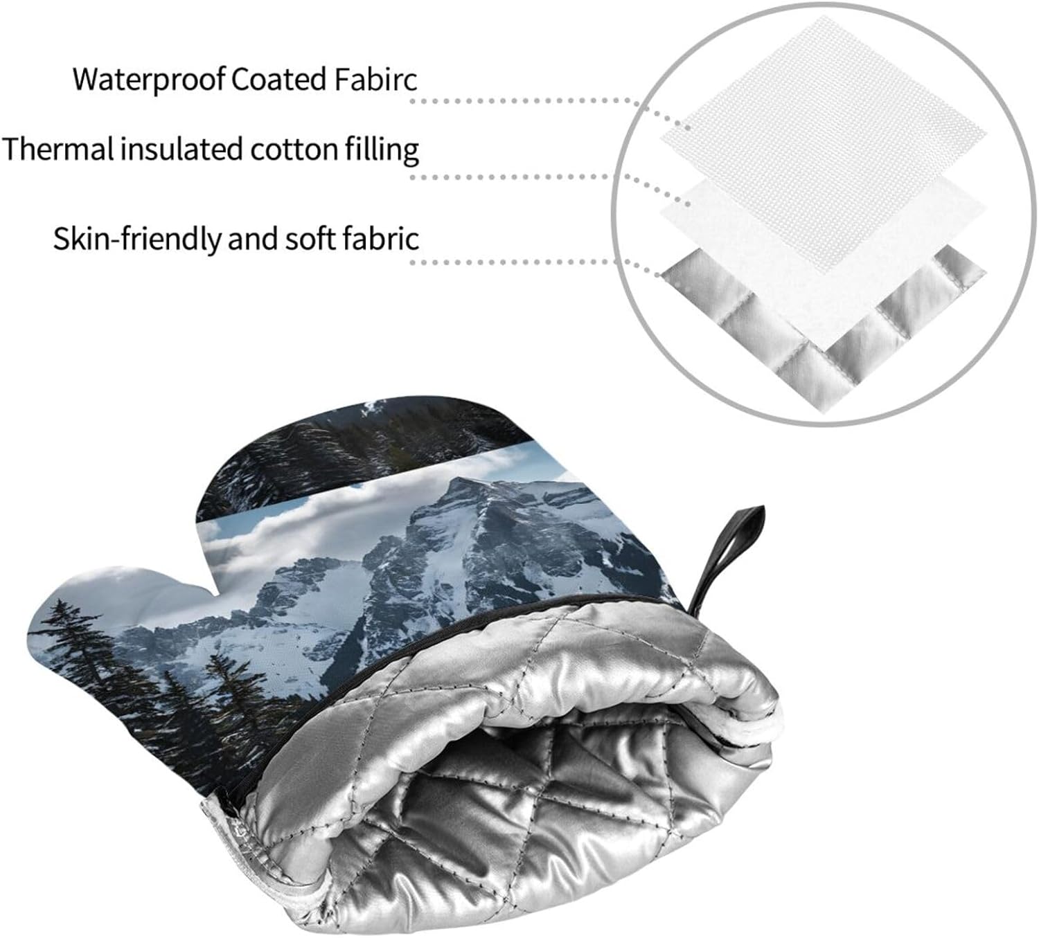 (Canadian Smokey Mountain Cliff) Baking 4-Piece Set: 2 Oven Mitts and 2 Pot Holders Heat Resistant Waterproof Hanging Loop for Kitchen Oven Grill Housewarming Gifts