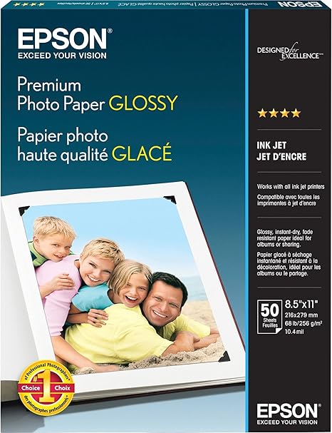 Epson Premium Photo Paper GLOSSY (8.5x11 Inches, 50 Sheets) (S041667),White