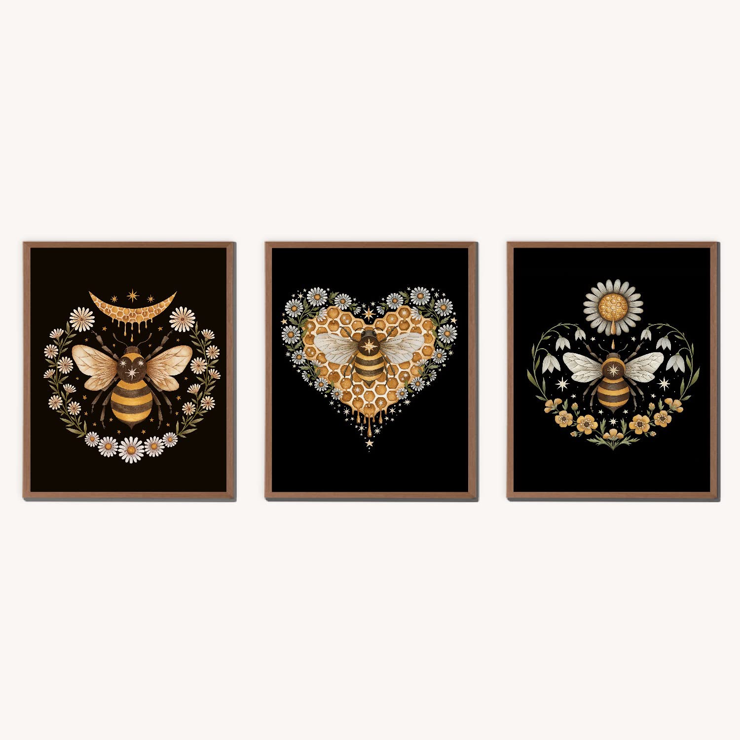 VNWEK Vintage Daisy Honey Moon Sweetheart Bee Meadow Bee Wall Art Poster Prints Unframed 8”x10”Set Of 3,Funny Bee Decorations for Home Kitchen Girls Room,Bee Lovers Gifts, Women Girls Gifts