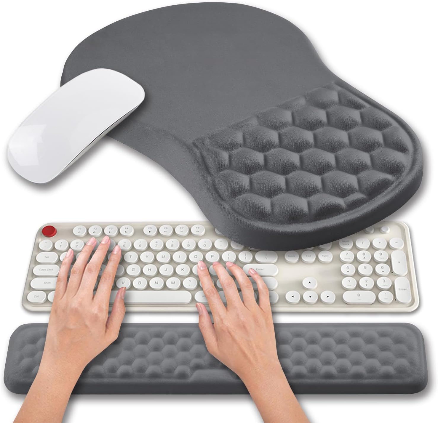 Hokafenle 2 in 1 Ergonomic Mouse Pad Wrist Support & Wrist Rest for Computer Keyboard Set, with Relieve Carpal Tunnel Pain Massage Bulge and Full
