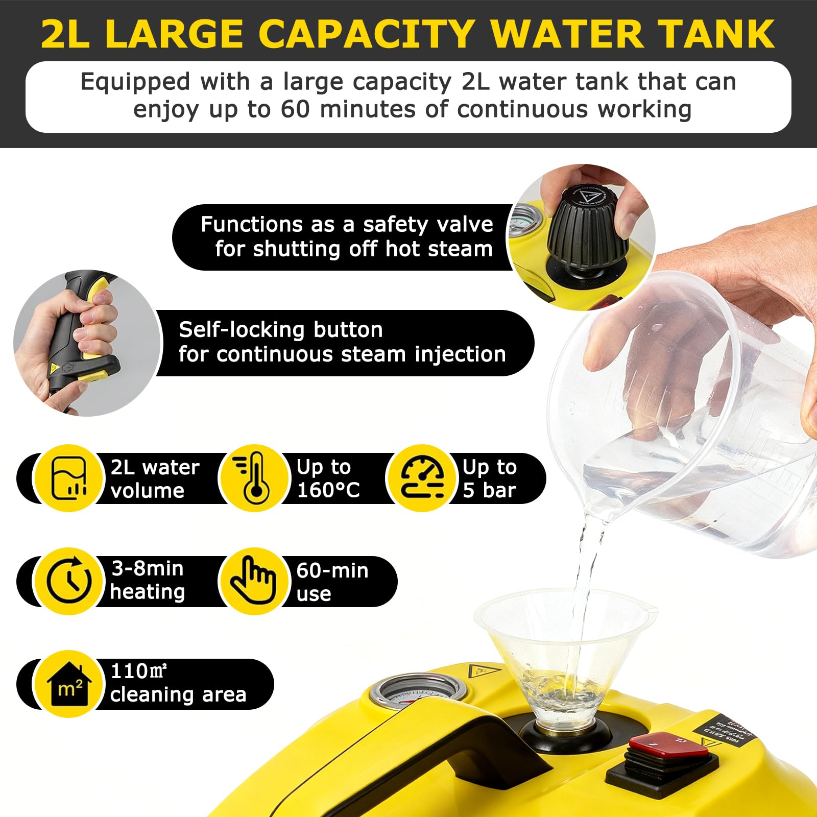 Limpiador a Vapor, Vaporeta Limpieza Hogar Potente de Mano 2000W | Portátil Máquina de Limpieza a Vapor Presurizada de Alta Temperatu con 15 Accesorios, 5 Bar, Tanque de Agua de 2L