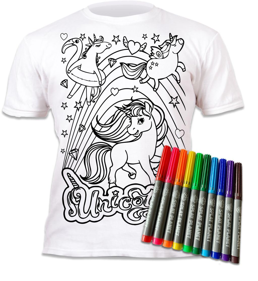 Splat Planet Colour-in Unicorn T-Shirt with 10 Non-Toxic Washable Magic Pens - Colour Your Own, Colour-in and Wash Out T-Shirt, Reusable Colouring Clothes for Kids, for Kids