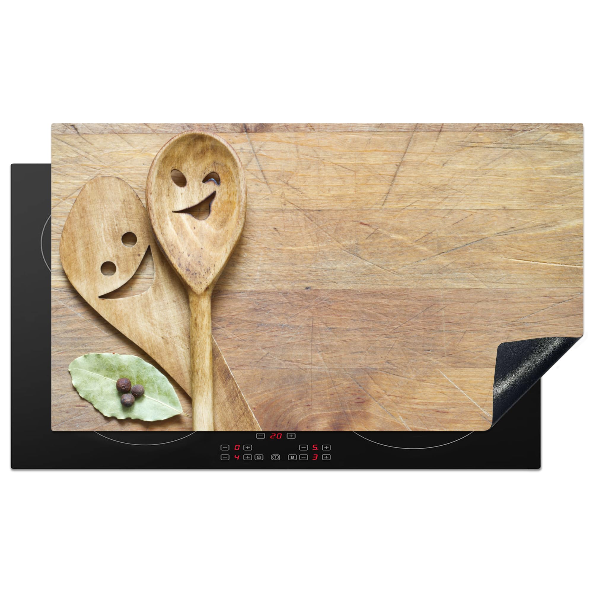 KitchenYeah© Induction Hob Protector Mat 20.8"x36" / 91.6x52.7 cm Stove Cap Top Cover Kitchen Cooker Covers for Electric Hobs Vinyl Wood - Spoons - Brown - Smiley