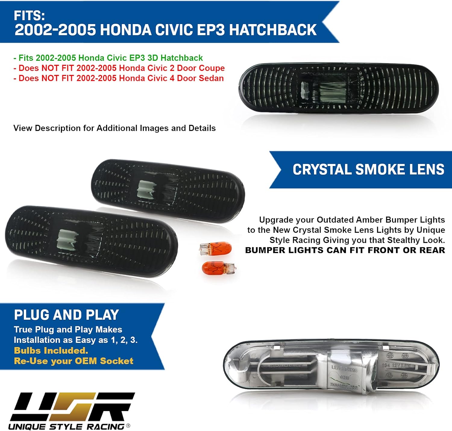 USR DEPO 02-05 Civic 3D Side Marker Lights - Smoke Lens Bumper Side Markers Lamps Set (Left + Right) Compatible with 2002-2005 Honda Civic Si EP EP3 3 Doors Hatchback (Smoked 2 Pieces Front or Rear)