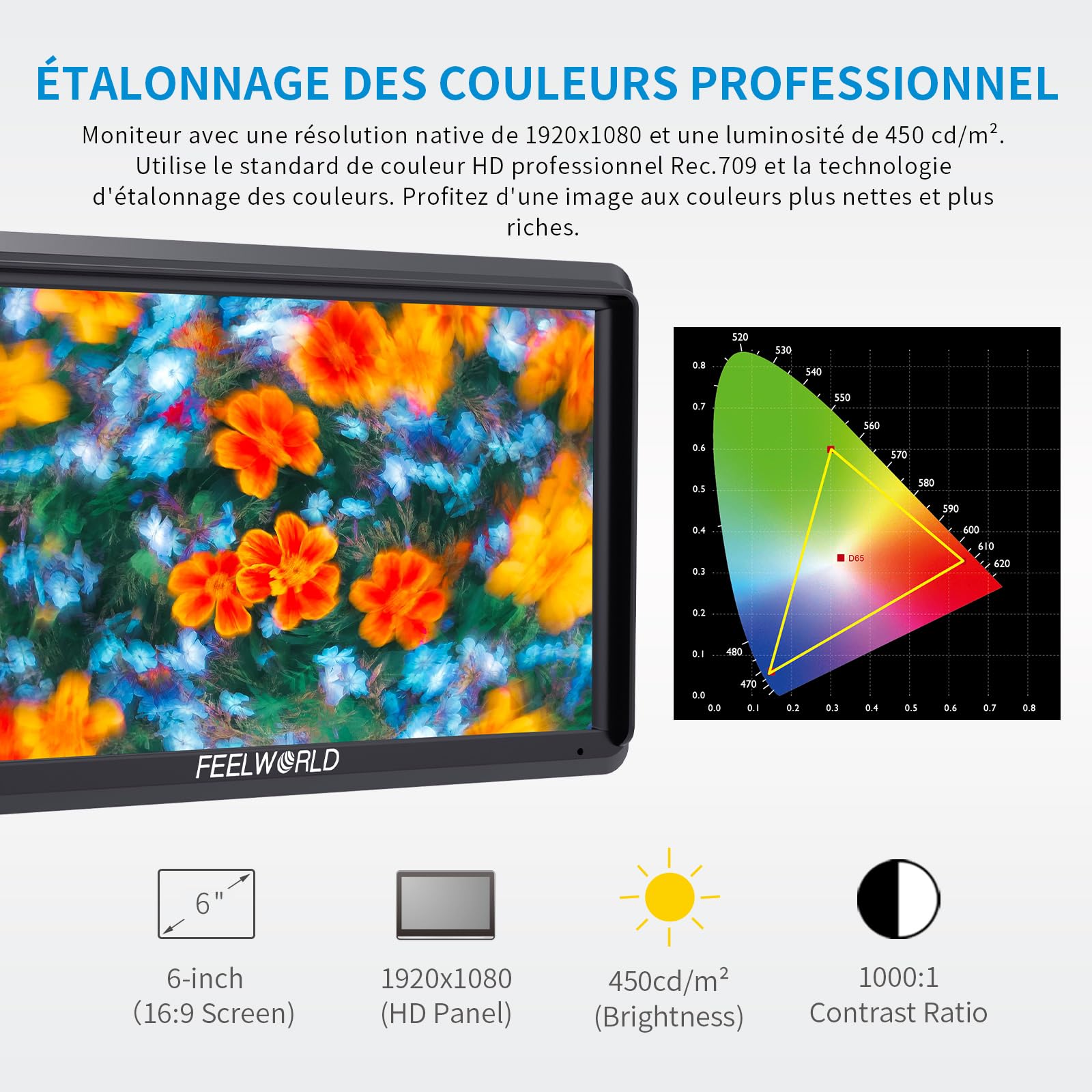 Feelworld S55 V3 5.5 Pouces sur Caméra Moniteur DSLR Camera Field Monitor Small Full HD 1920x1080 IPS Peaking Focus Video Assist avec 4K HDMI 8.4V DC Input Output Livré avec Batterie et Sac，Tilt Arm