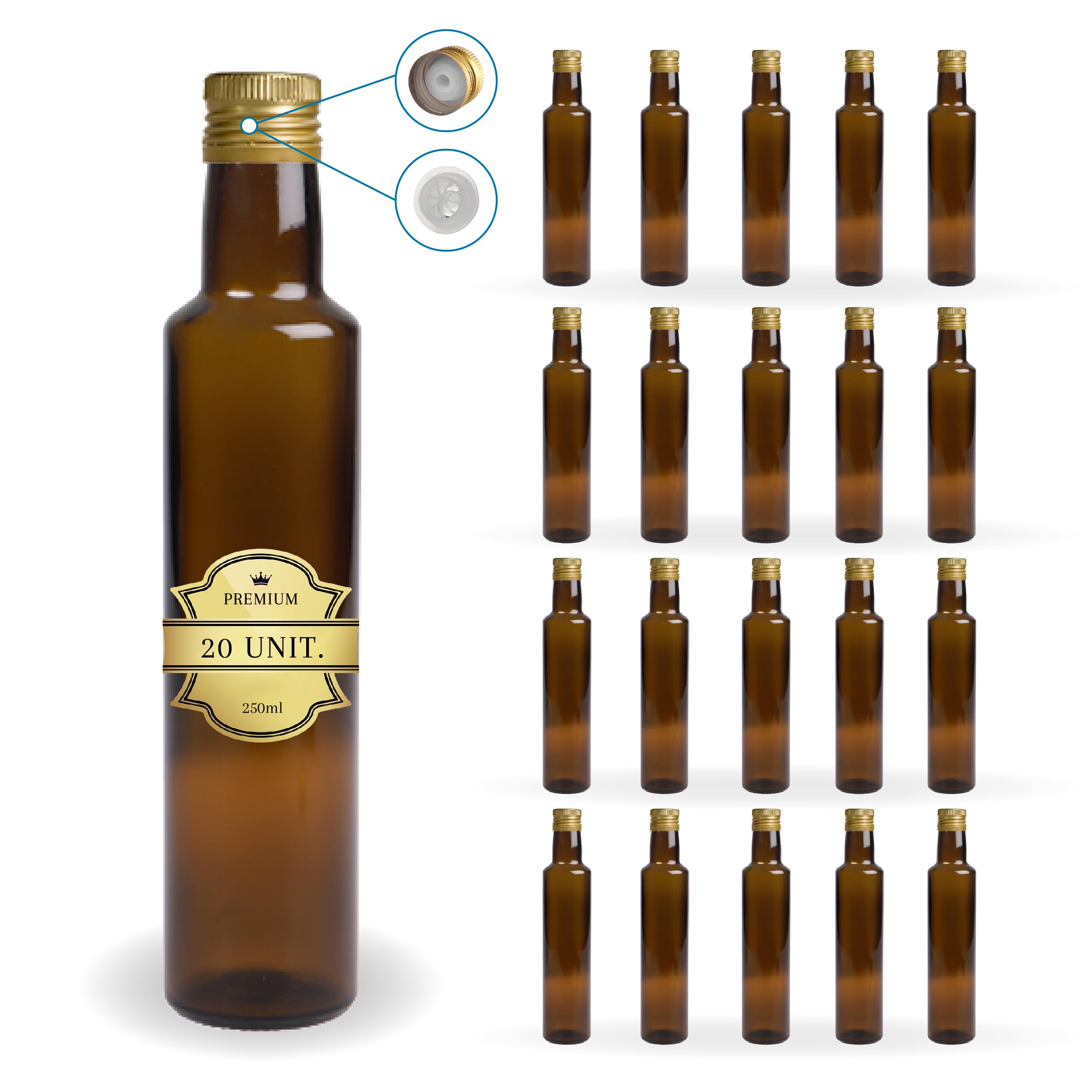 20 Flaschen aus dunklem Glas 250 ml mit goldenem Ausgießer-Schraubverschluss – Ölflaschen für Olivenöl, Essig, Alkohol und Saucen | Espirito Rebelde