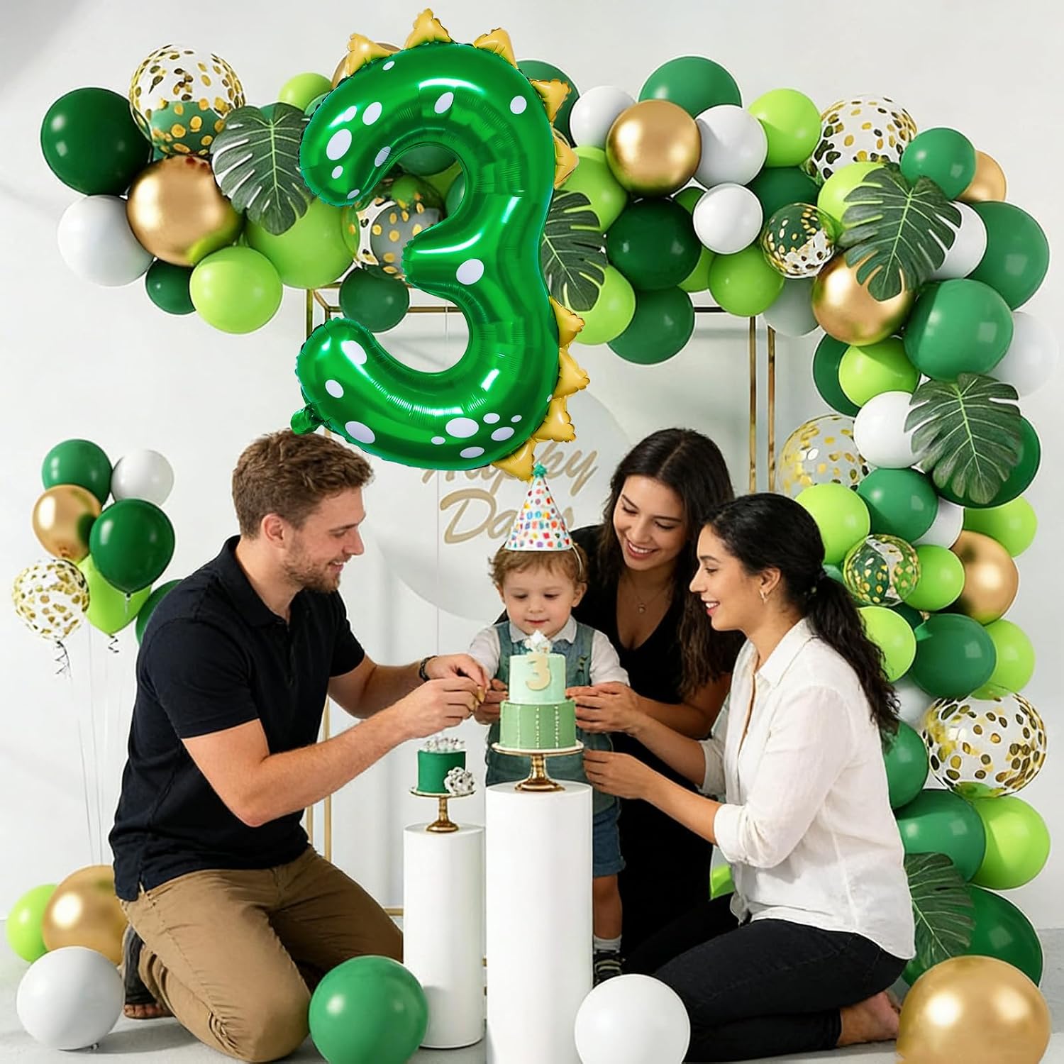 Dinosaur Birthday Decorations, 36'' Green Dinosaur Number 3 Balloon for 3rd Birthday Party Supplies (3)