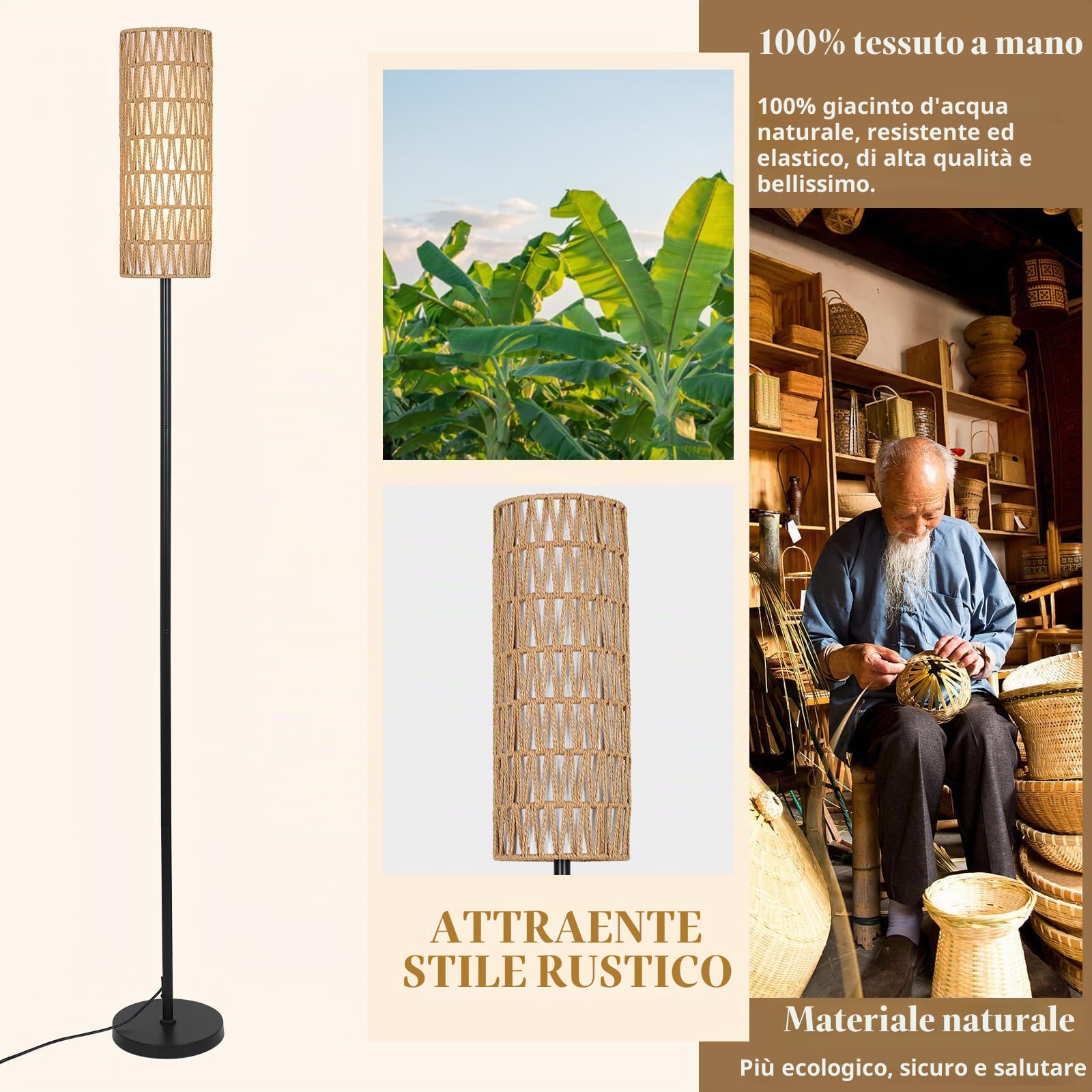 Rayofly Lampada da Terra in Rattan per Soggiorno, Dimmerabile con Telecomando e App di Controllo, Boho con Paralume in Rattan e Lino, Lampadina Inclusa