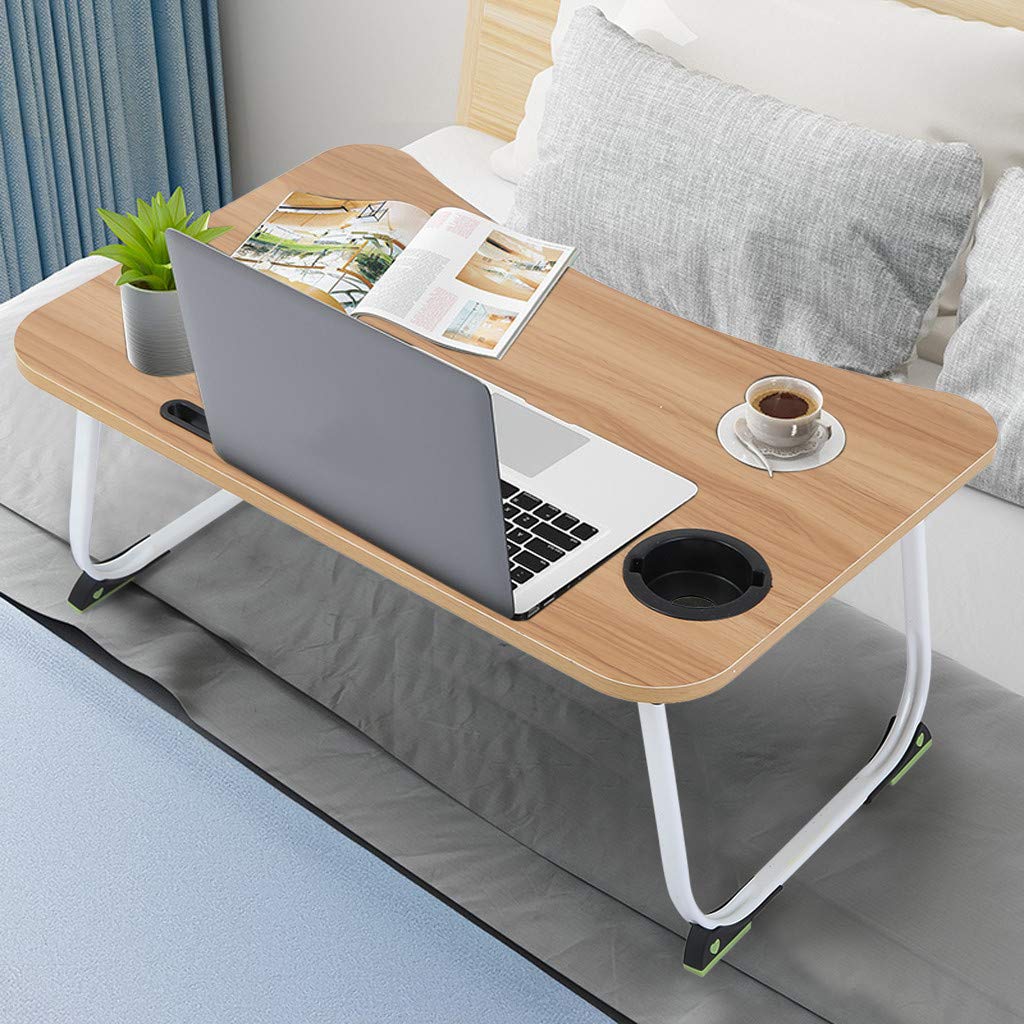 OKBOP Foldable Laptop Table for Bed, Multifunction Small Portable Lap Desk, 60x40x28cm Notebook Computer Stand Reading Book Holder for Couch Floor, Breakfast Tray Table with Cup Slot (Brown)
