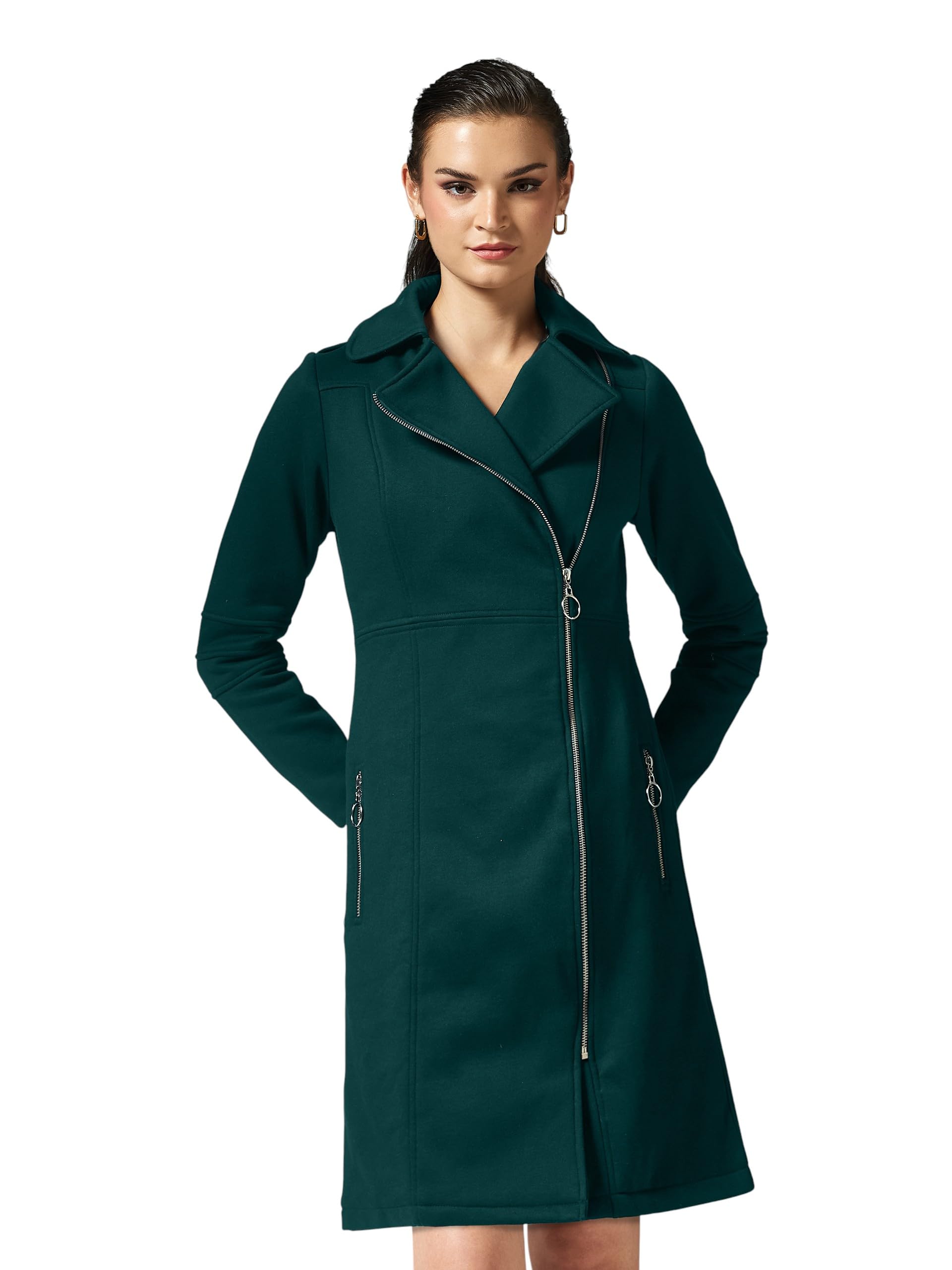 miss chase Women's Notch Collar Multi Panelled Full Sleeve Double Breasted Knee Length Jacket-picture-56
