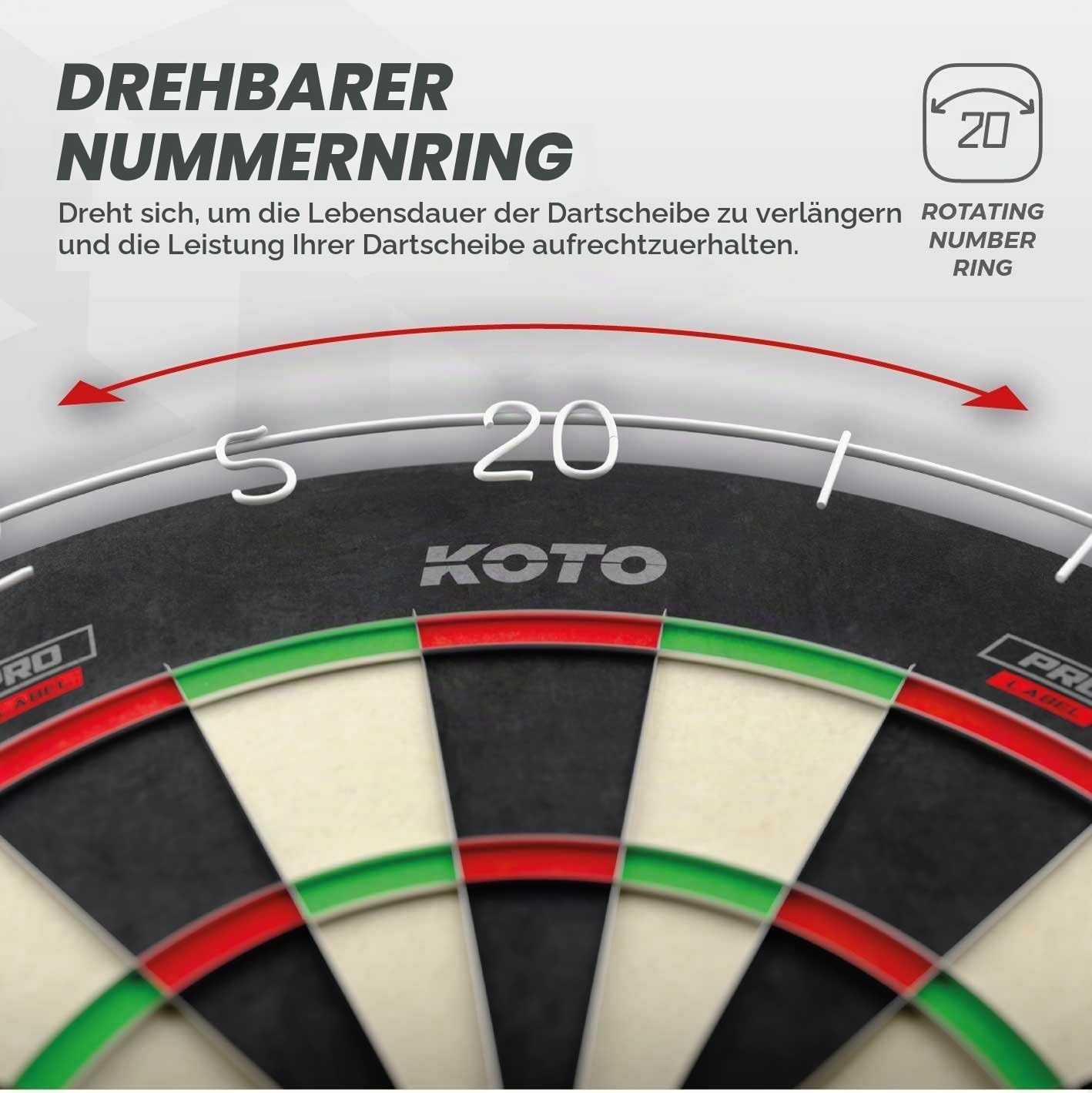 KOTO - Dartscheibe, Rotierender Zahlenring, Offizielle Turniermaße mit Hochwertiges Sisal und Ultradünner Draht