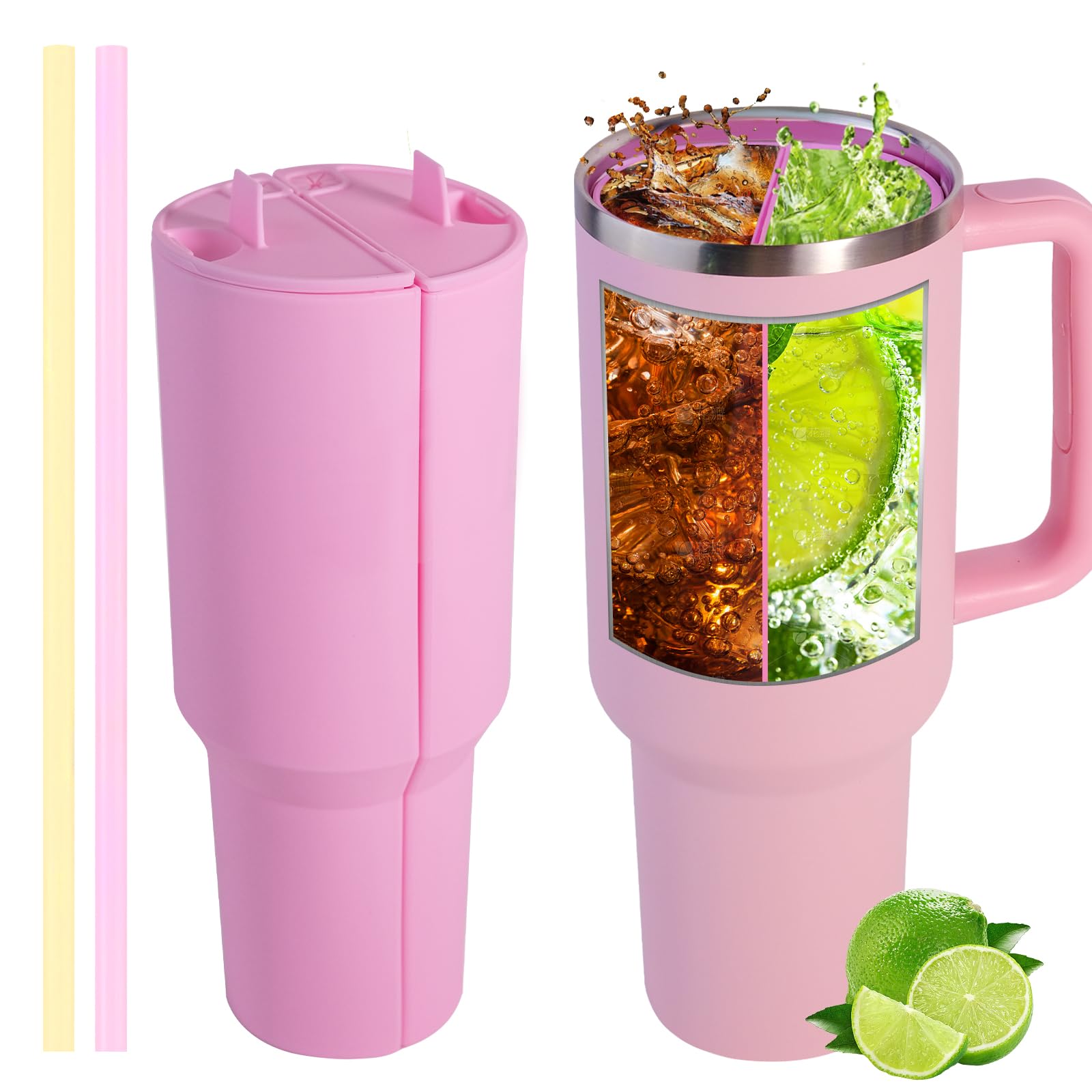 2024 Upgrade Stanley Cup Divider, 2-in-1 Drink Separator Silicone Liner With 2 Straws, Dust-Resistant Lid, Compatible With 40OZ Cup, Reusable Accessory for Leisure (Pink)