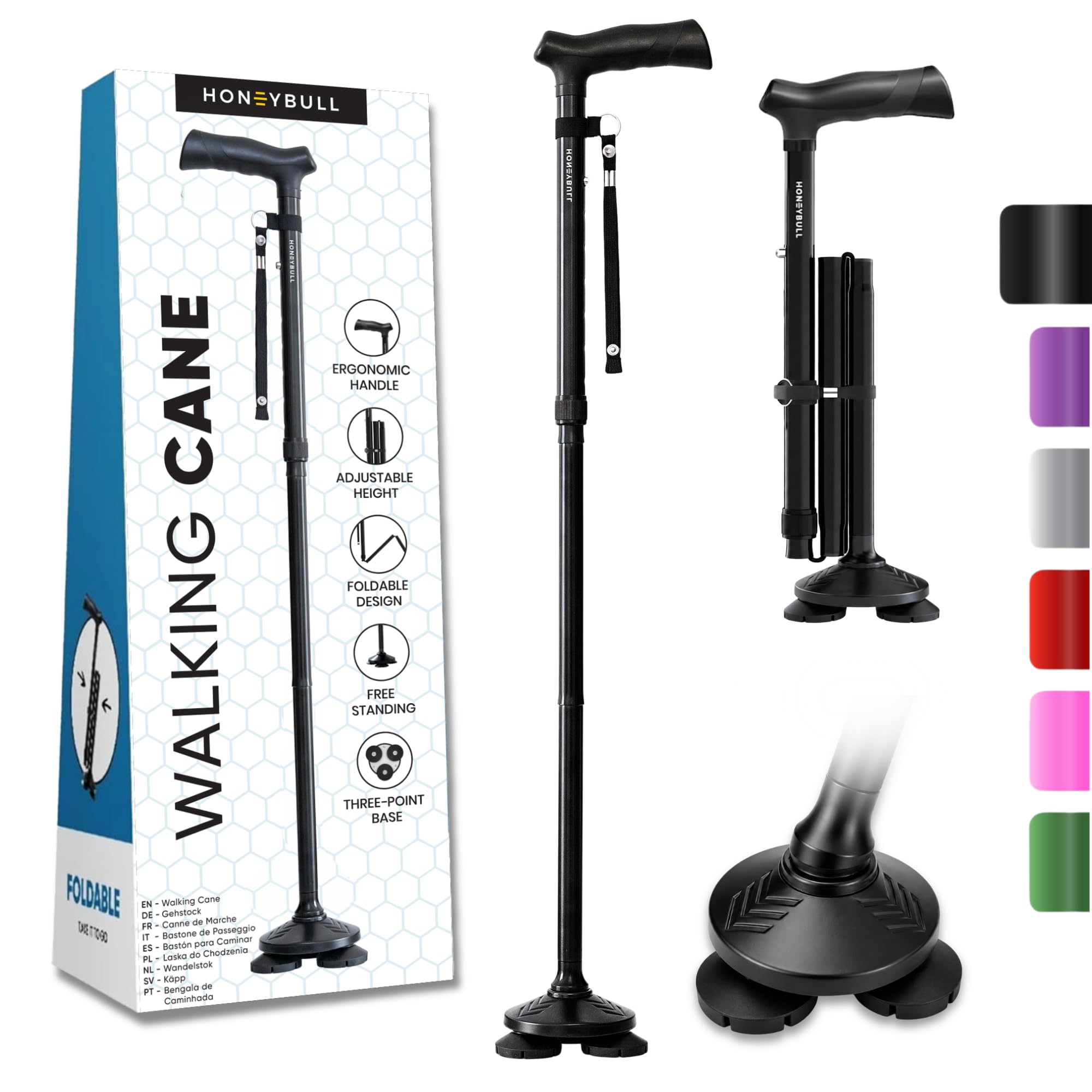 HoneyBull Walking Cane for Men & Women | Free Standing, Foldable, Pivot Tip [Black]-image-0