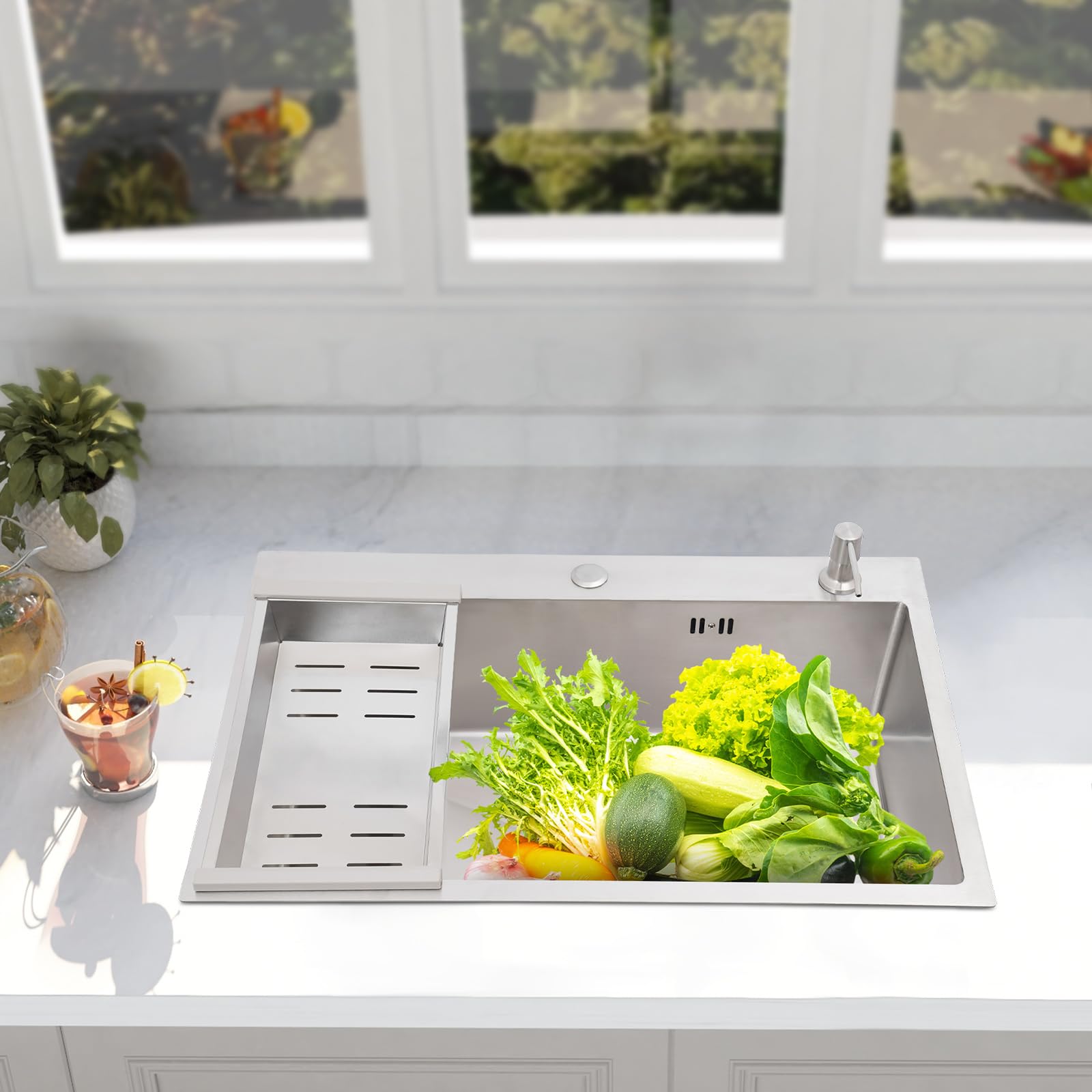 Fregadero de acero inoxidable 68 x 45 cm, fregadero de cocina de alta calidad y fregadero empotrable, con escurridor y escurridor, fregadero de granito empotrable a partir de 45 cm, incluye