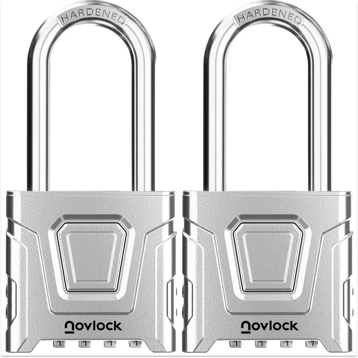 NOVLOCK Heavy Duty Combination Padlock Outdoor with 2.32" (5.9 cm) Long Shackle – Weatherproof 4-Digit Lock for Gates, Fences, Sheds, Cabinets, Storage Units, Toolboxes, Lockers – 2-Pack, Silver