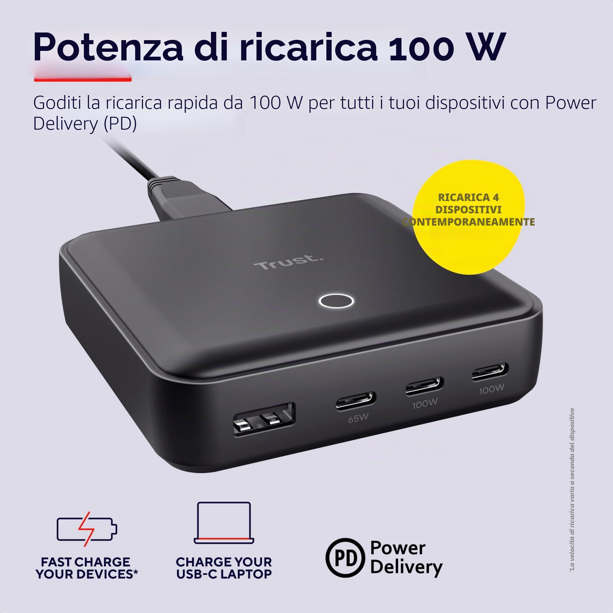 Trust Maxo 100W Multipresa USB C, Caricatore USB-C x3 USB-A x1 | Cavo di Alimentazione 1,5 m, Hub Stazione di Ricarica USB Multipla per iPhone Samsung Galaxy Tablet Laptop