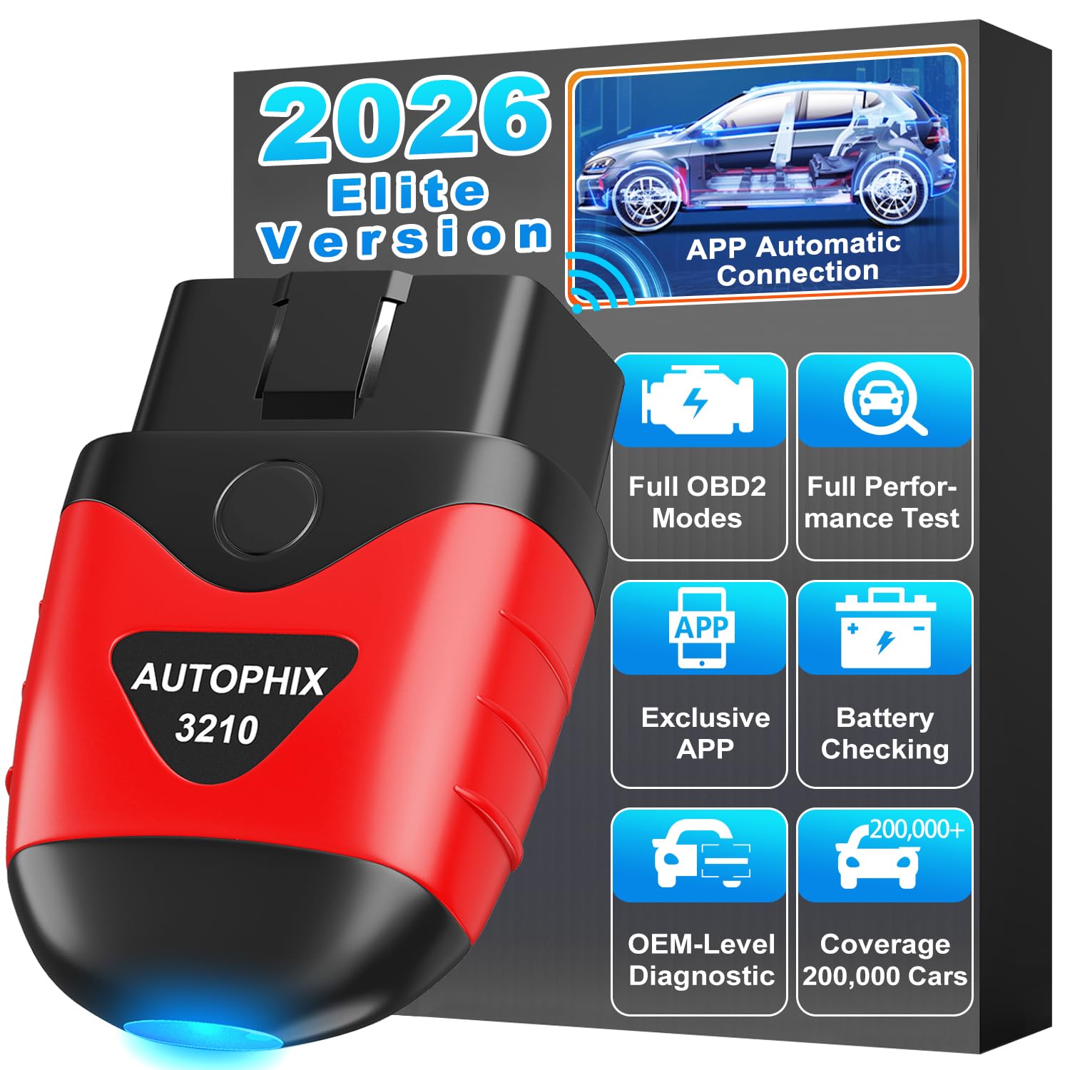 3210 OBD2 Scanner Bluetooth, Wireless Code Reader for Car - Check Engine Light & Battery - Easy DIY Car Diagnostic Scanner Tool for 1996+ Vehicles, No Subscription Fee for iPhone & Android