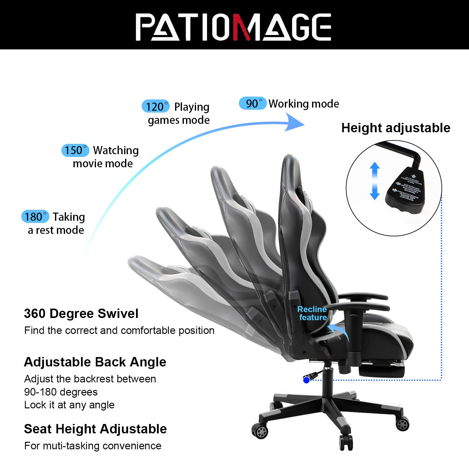 PatioMage Gaming Chair with Footrest Ergonomic Office Chair Headrest