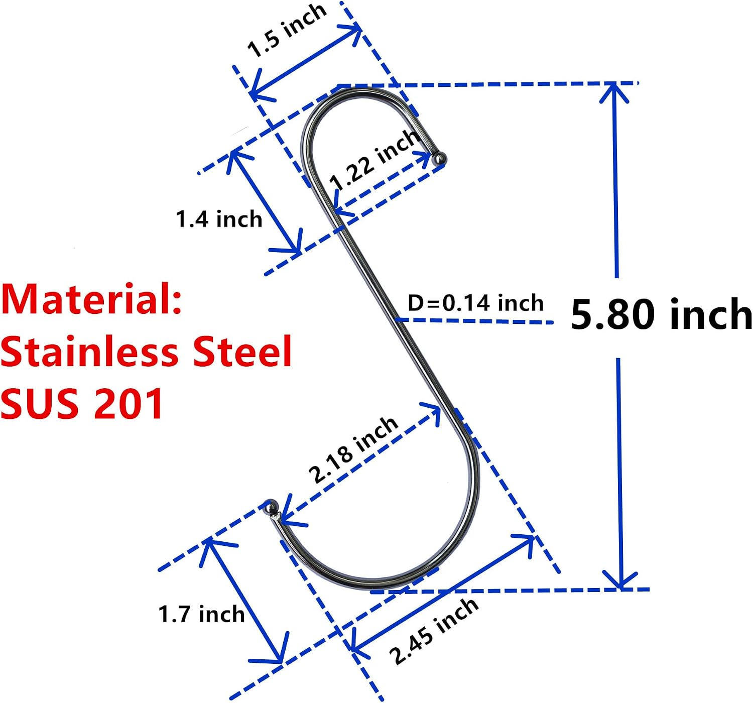 S Hooks Hanging Metal Hook (12 Pack) Stainless Steel Large 6 Inch with Round Stopper Non Slip for Closet Clothes Plants Cups Towels Tools Ornament (Silver)