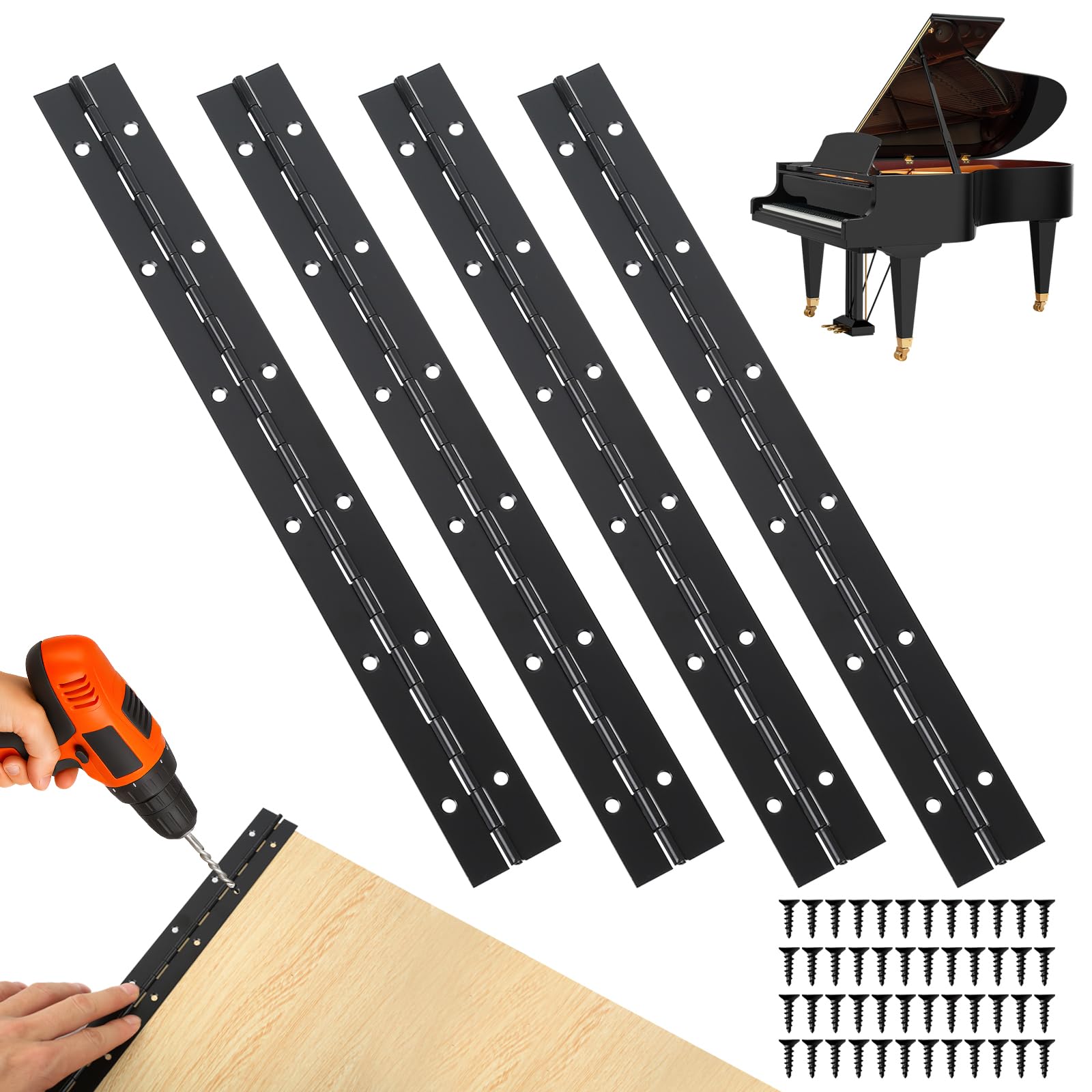 4 Pcs Bisagra Piano, 30 cm Bisagra Puerta de Madera con Orificios, Bisagras de Acero Inoxidable para puertas, pianos y ventanas, con tornillos (negro)