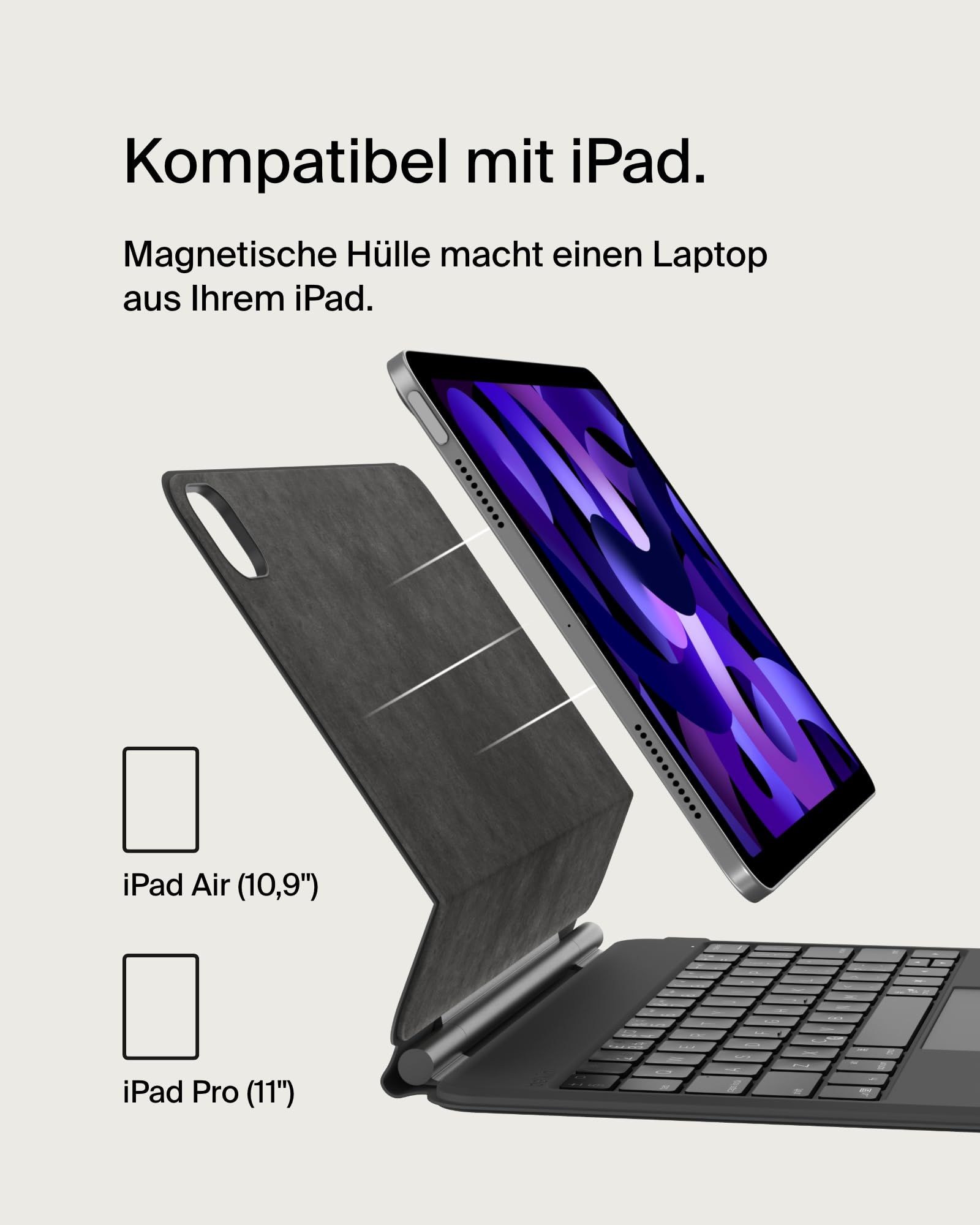 Belkin Pro iPad Tastaturhülle mit Magnetständer, beleuchtete Bluetooth‑Tasten, Trackpad‑Gesten, Apple Pencil Halterung, Premium‑Leder, QWERTZ, Medientasten, für iPad Air 11” M3/M4, Pro 11”
