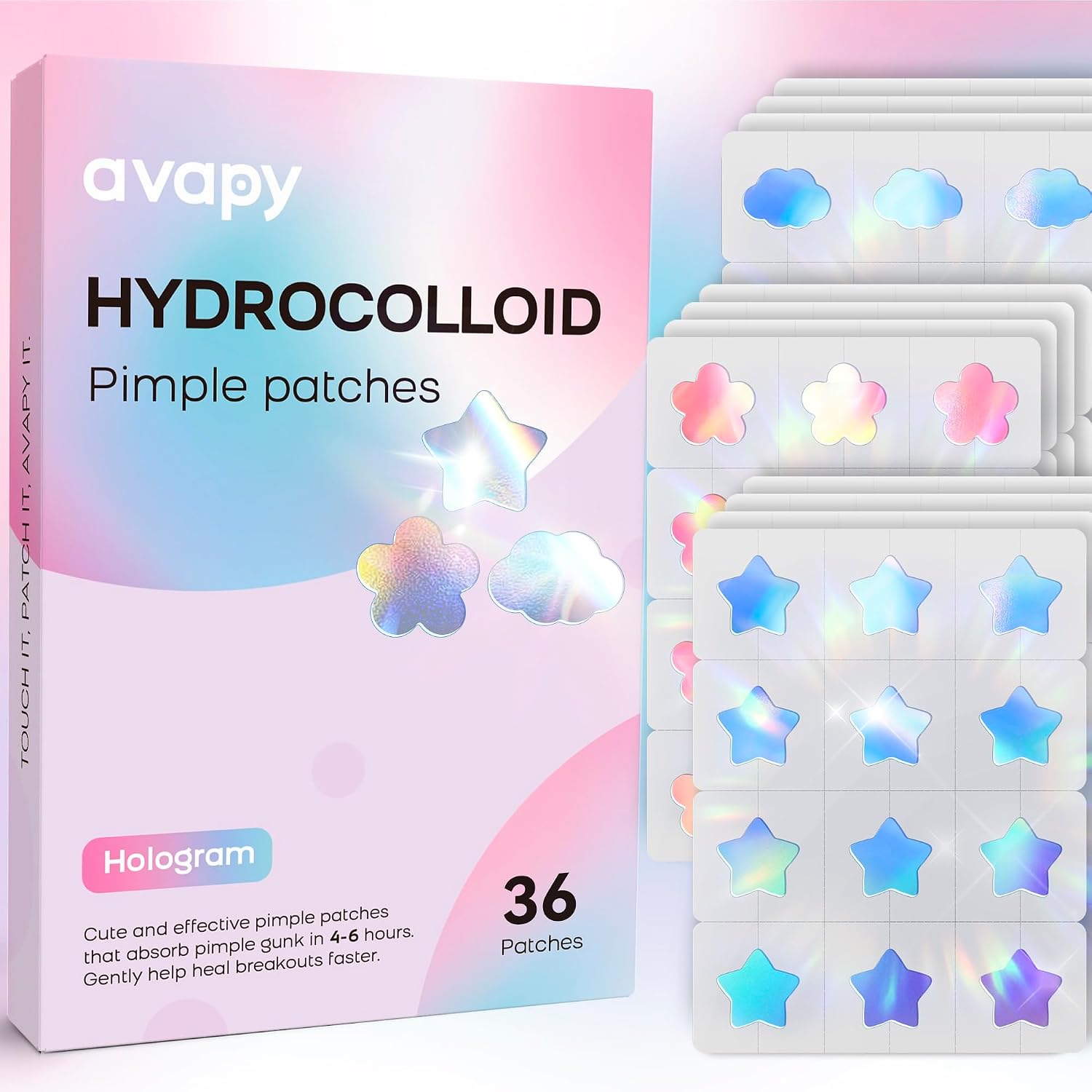 Pimple Patches for Face, Cute Hydrocolloid Acne Patches, Colorful Hologram Star Sport Stickers, Zits & Blemish, Pimple Patch with Salicylic Acid, Blue Pink Star Cloud Flower 12MM (36 Count)