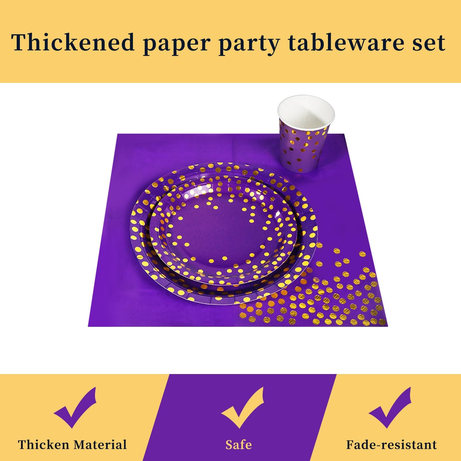 Nkaiso Party Tableware 144 Pieces Purple Gold Kids Birthday Party Plates Party Supplies Set Includes Paper Plates Napkins Reusable Cutlery for Wedding Decorations Christening Shower-24 Guests
