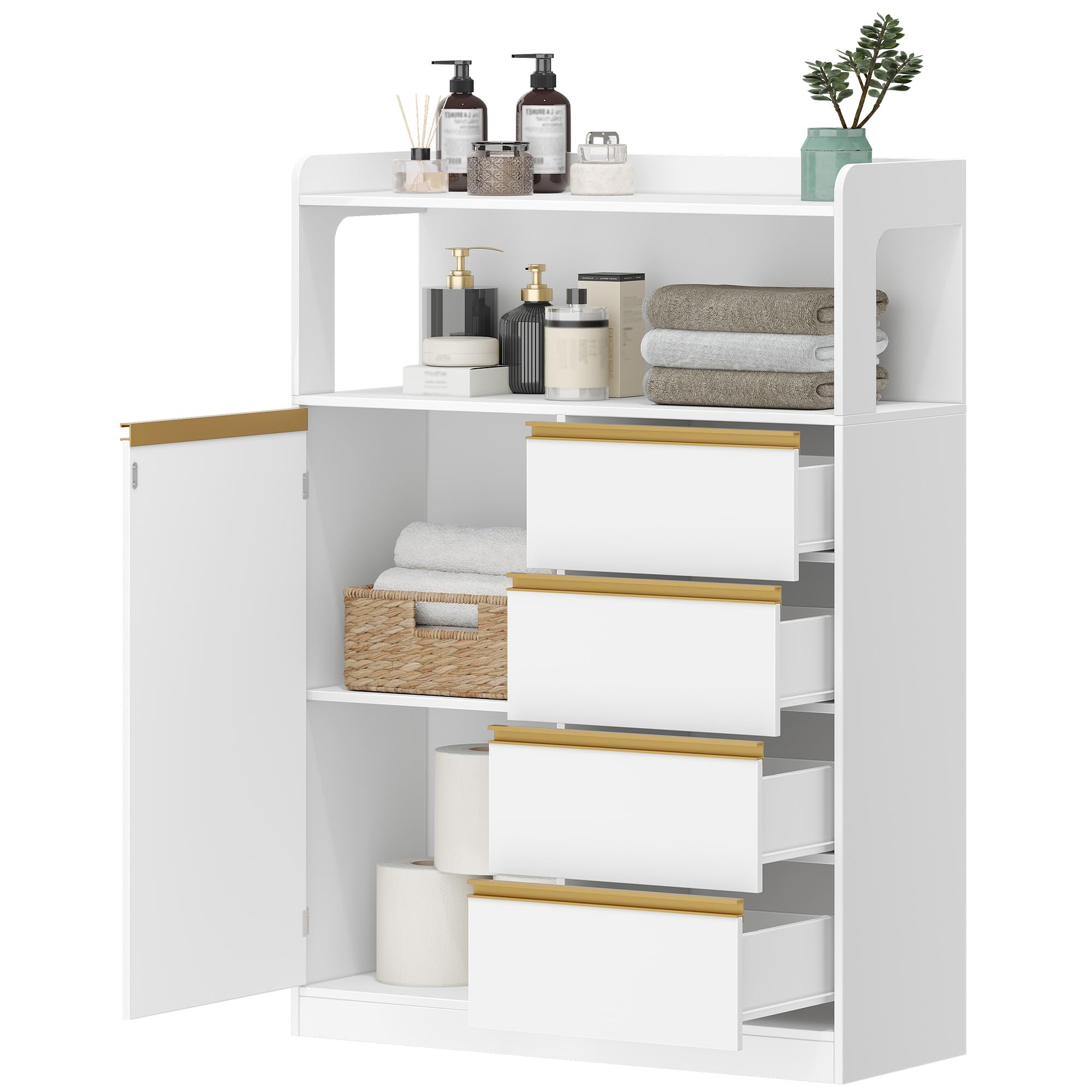 HEXCELEN Mobile da Bagno, Armadietto Autoportante, con 4 Cassetto e Ripiano Regolabile, Armadietto da Salvaspazio con Cassetto Spazioso, per Bagno, Soggiorno, Corridoio, Bianco-Oro, 30x80x110cm