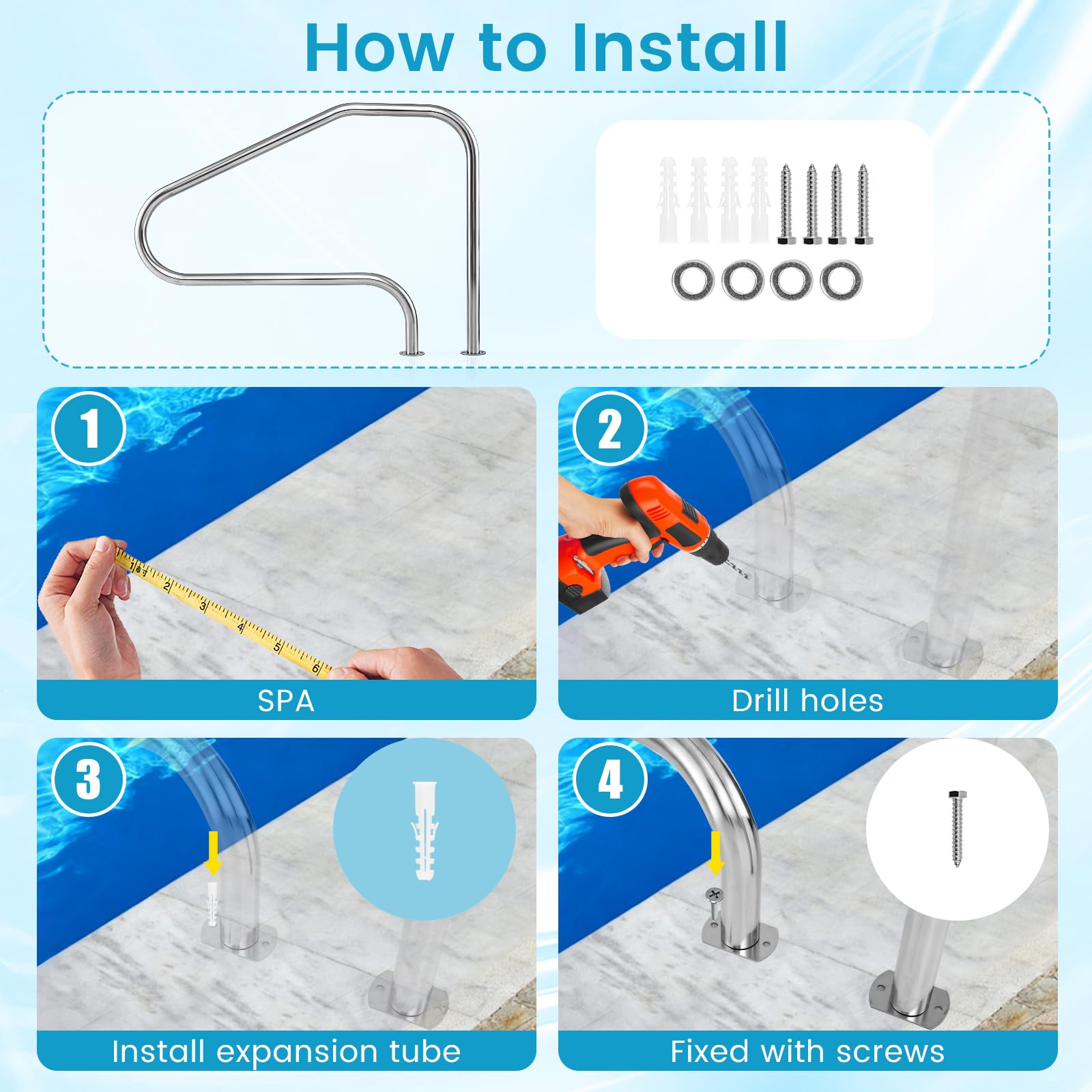 FANTASK Pasamanos de piscina, 130 x 94 cm, acero inoxidable 304, fácil de instalar, mango para piscina empotrada, arco de agarre para piscinas, parque acuático