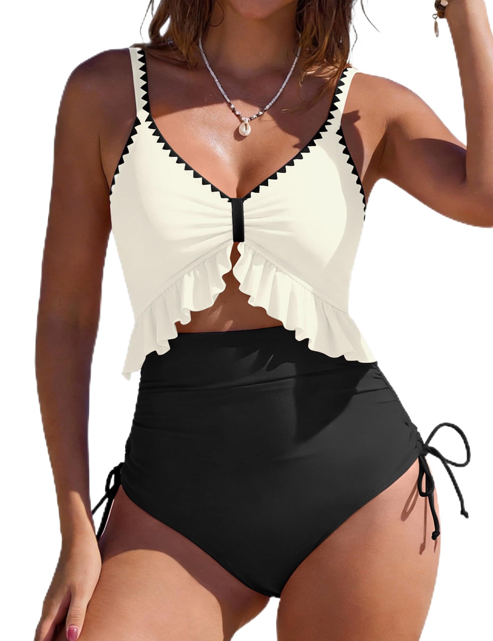 Photo 1 of SHESHOW Womens Tummy Control One Piece Swimsuit High Waisted Cutout Ruffle Bathing Suit Color Block Swimsuits Black M